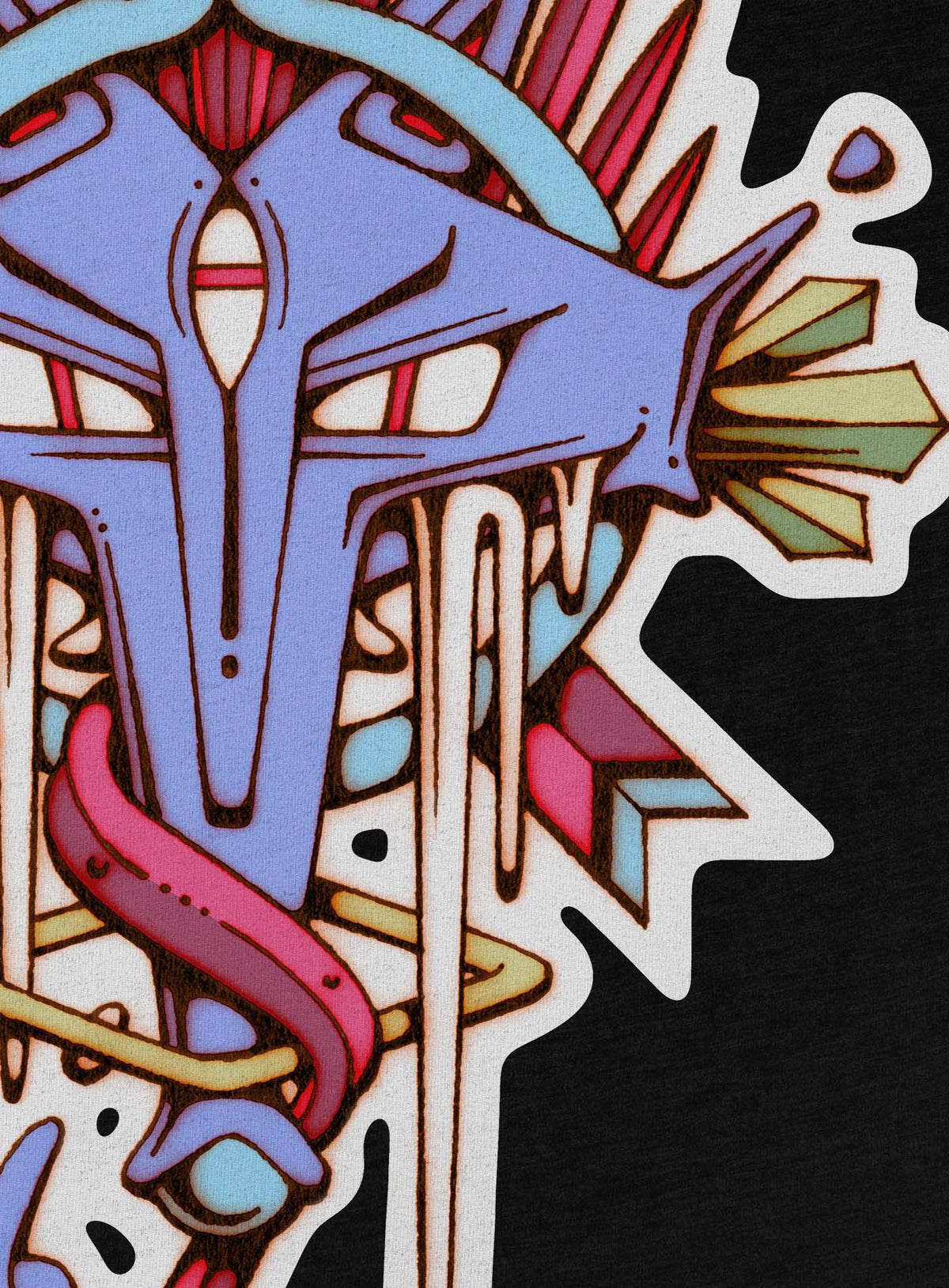 Detail of a Heather black t-shirt featuring a front print of the Toltec and Aztec coyote deity illustrated by G.M. Meave.