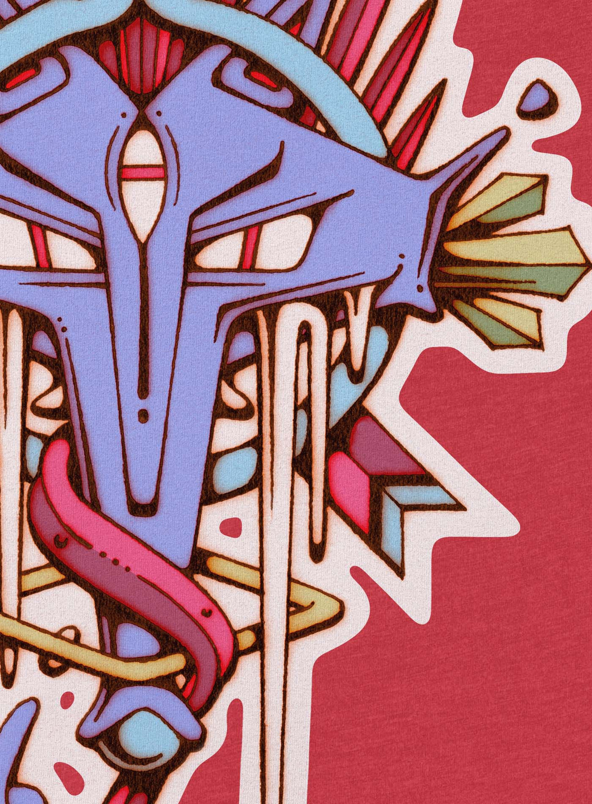 Detail of Heather red unisex t-shirt featuring a front print of the Toltec and Aztec coyote deity illustrated by G.M. Meave.