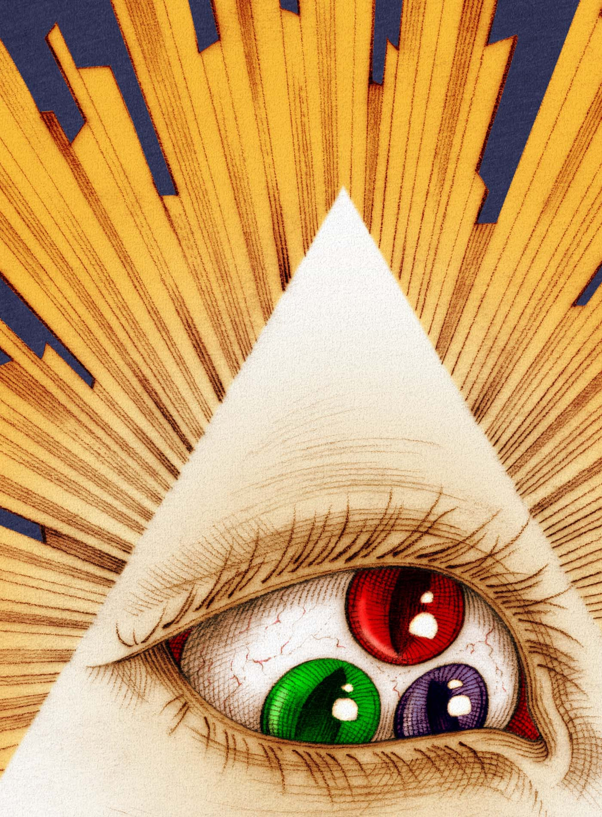 Detail of Heather navy blue unisex t-shirt featuring a front print of a reinterpretation of the Horus pyramid and Moghoul ambigram logo by G.M. Meave.