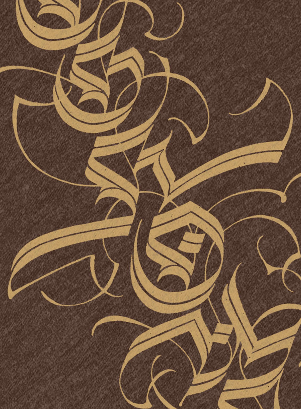 Detail of a Heather brown unisex t-shirt featuring a front print of a white Moghoul straight-up-gothic logo by Mexican typographer G.M. Meave.