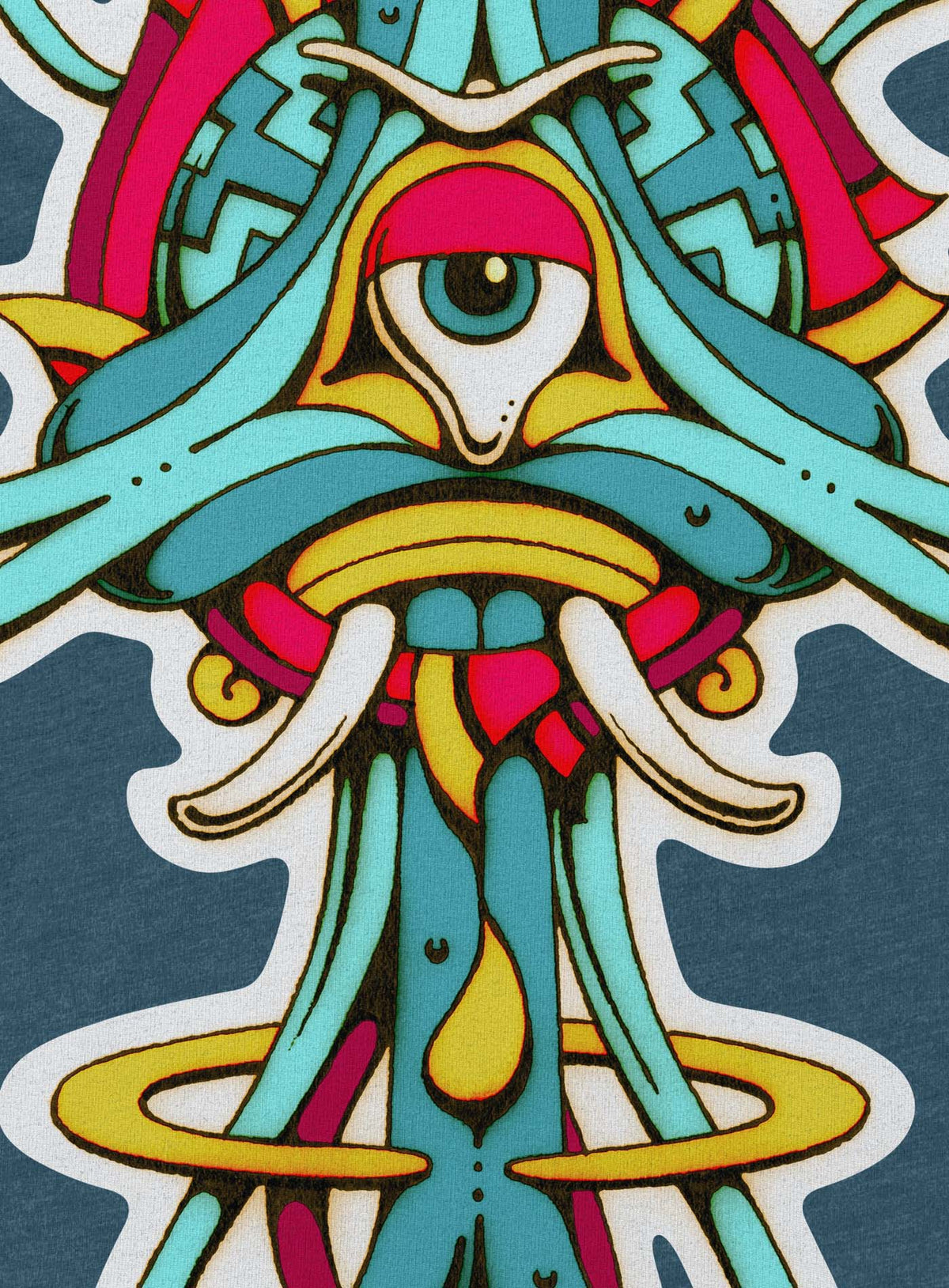 Detail of heather blue unisex t-shirt featuring a front print of the Toltec-Aztec goddess of grass illustrated by G.M. Meave