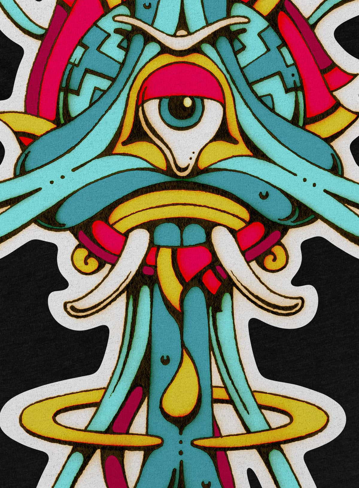 Detail of Heather black unisex t-shirt featuring a front print of the Toltec-Aztec goddess of grass illustrated by G.M. Meave.