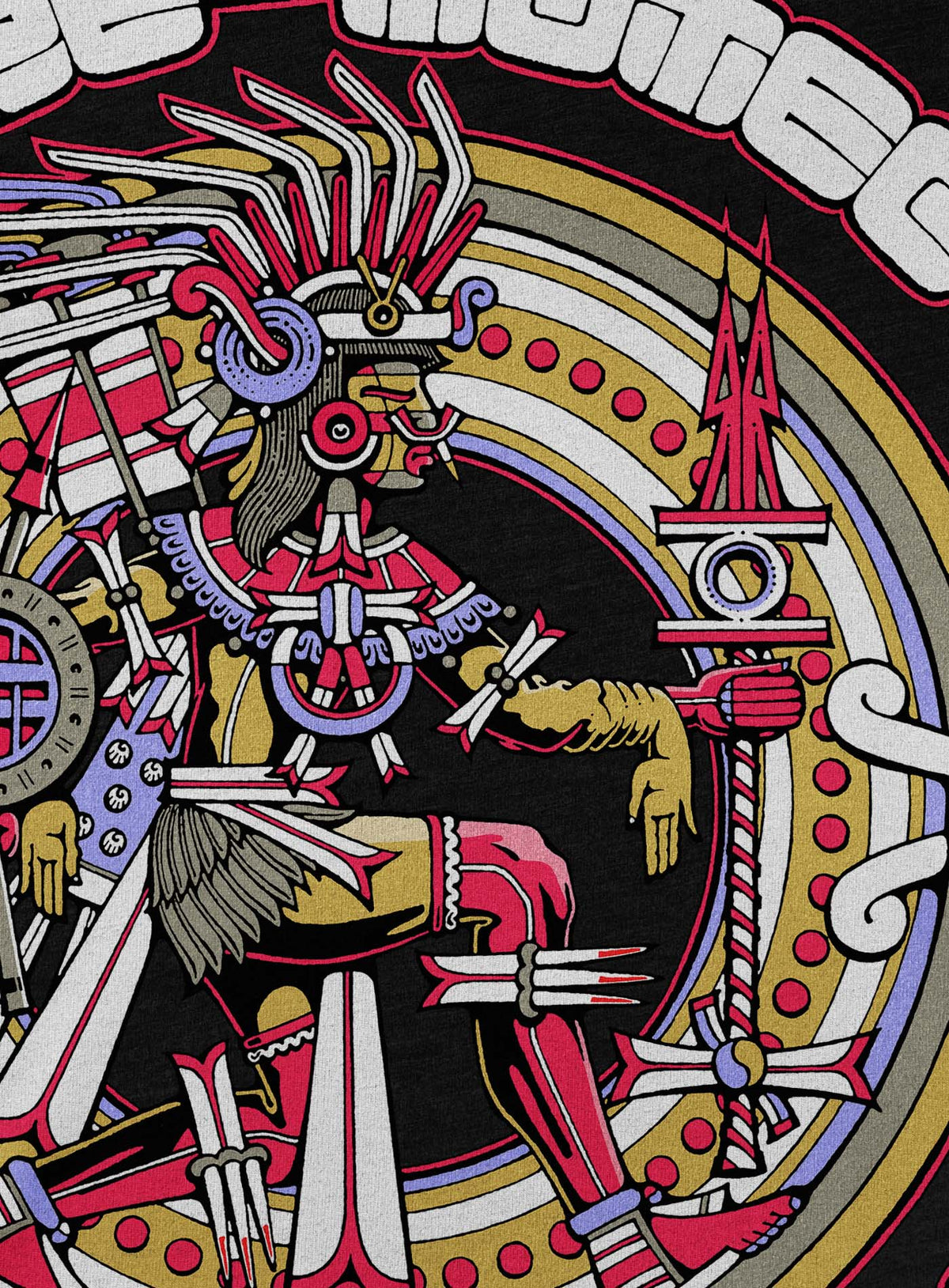 Detail of Heather black unisex t-shirt featuring a front print of the toltec-aztec god Tlatlauhqui-Tezcatlipoca also known as Xipe-Totec. Reinterpretation by Mexican illustrator G.M. Meave.