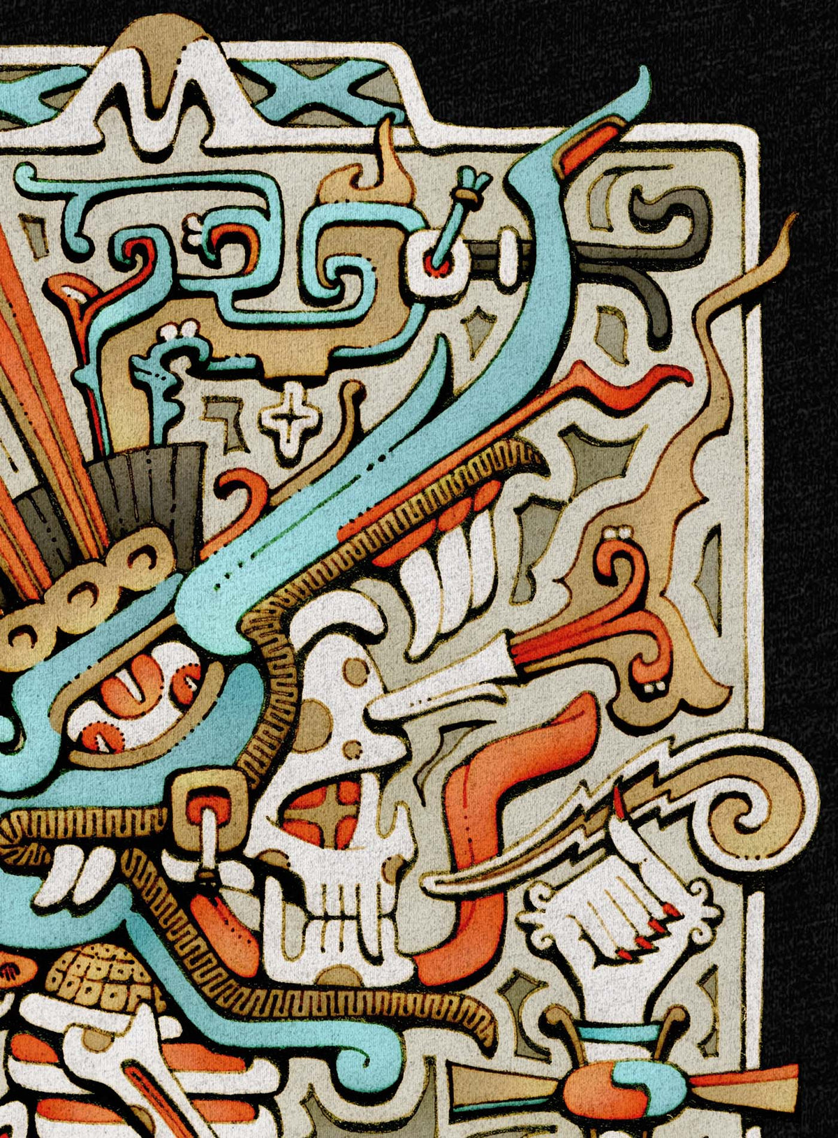 Detail of Heather black unisex t-shirt featuring a front print of the Aztec god Tezcatlipoca illustrated by G.M. Meave.