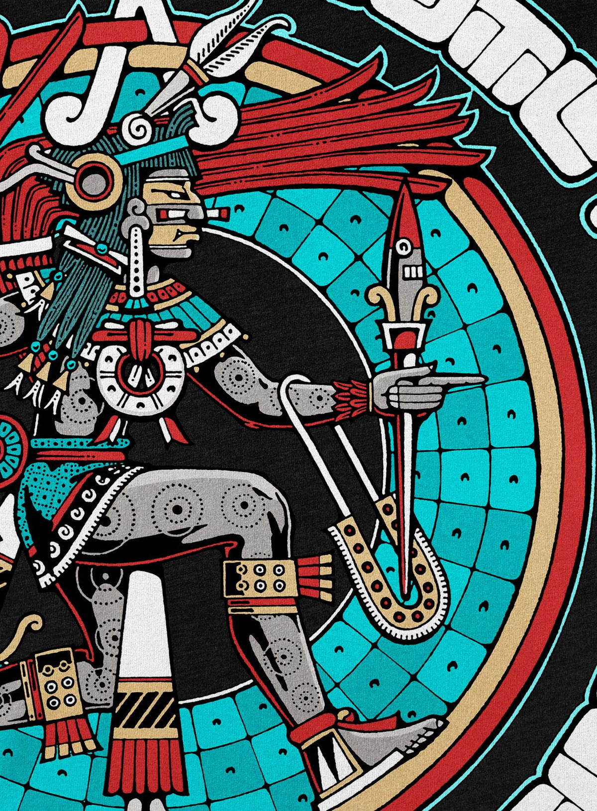 Detail of Heather black unisex t-shirt featuring a front print of the toltec-aztec god Yayauhqui-Tezcatlipoca also known as Necoc-yaotl. Reinterpretation by Mexican illustrator G.M. Meave.