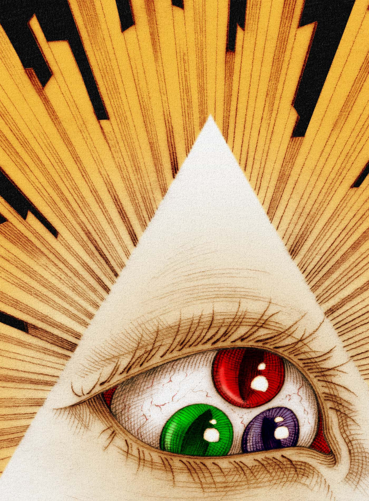 Detail of Heather black unisex t-shirt featuring a front print of a reinterpretation of the Horus pyramid and Moghoul ambigram logo by G.M. Meave.