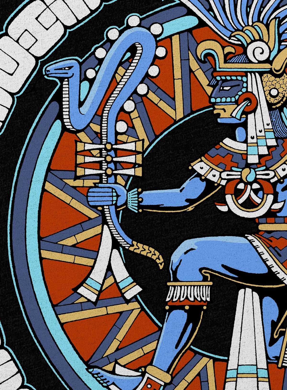 Detail of Heather black unisex t-shirt featuring a front print of the toltec-aztec god Tezcatlipoca also known as Huitzilopochtli. Reinterpretation by Mexican illustrator G.M. Meave.