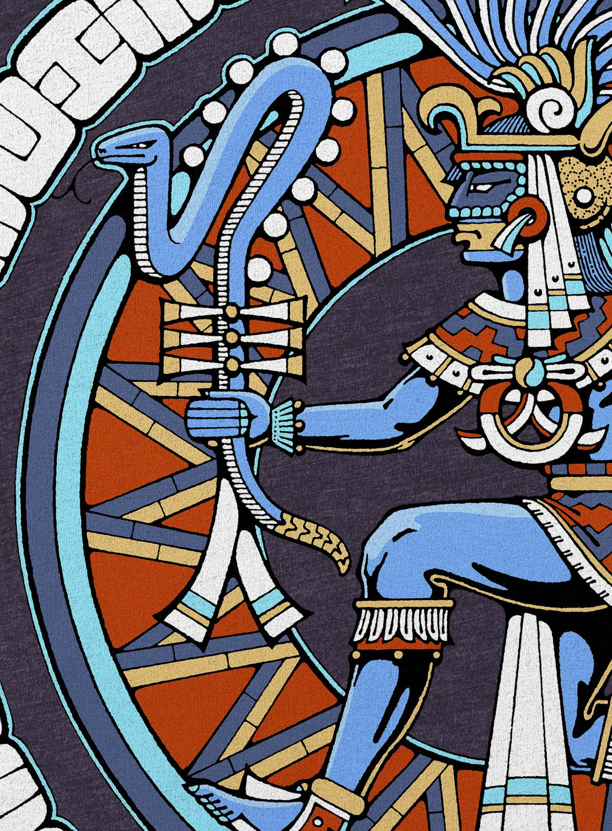 Detail of Heather blue unisex t-shirt featuring a front print of the toltec-aztec god Tezcatlipoca also known as Huitzilopochtli. Reinterpretation by Mexican illustrator G.M. Meave.