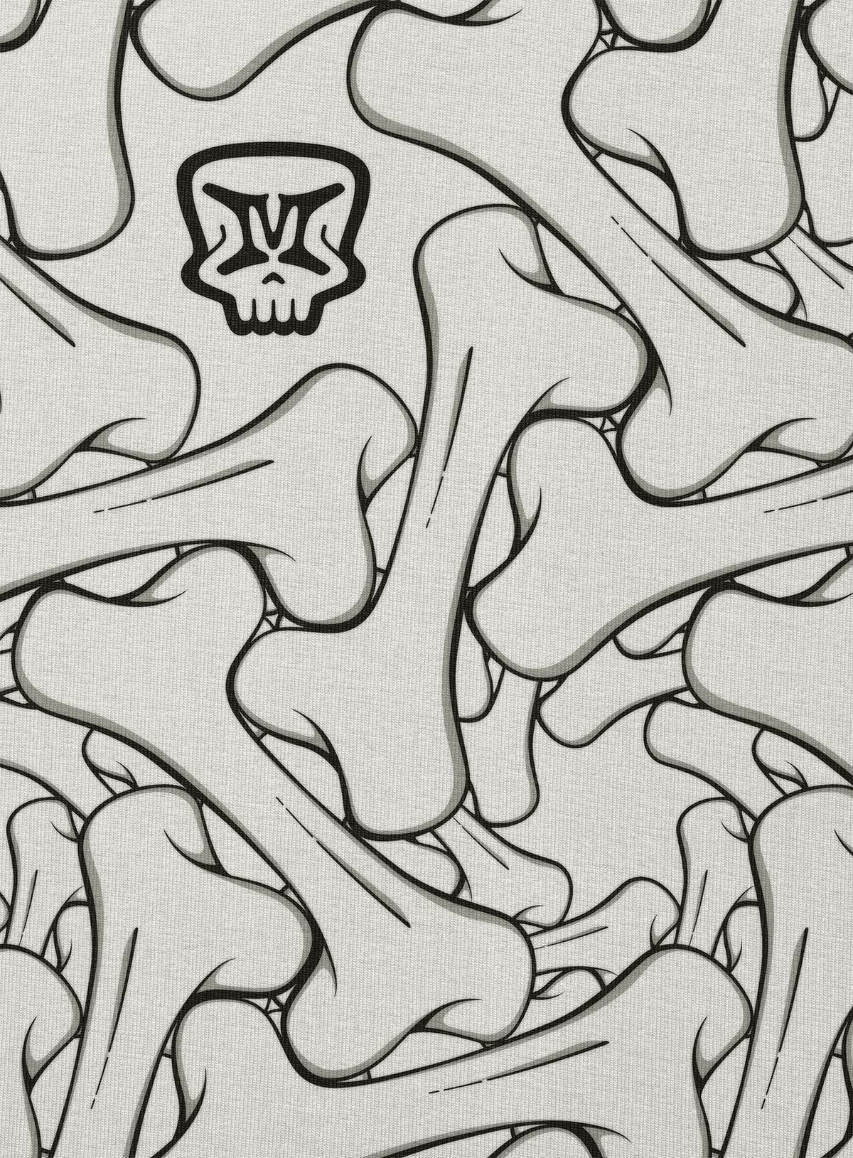 Detail of an all over dye sublimation t-shirt featuring the Moghoul symbol surrounded by a patter of bones based on Islamic ornamental art. 