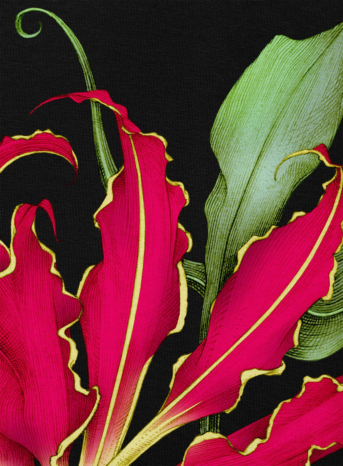Detail of All over dye sublimation t-shirt featuring the poisonous flower Fire Lily. Illustrated by G.M. Meave.