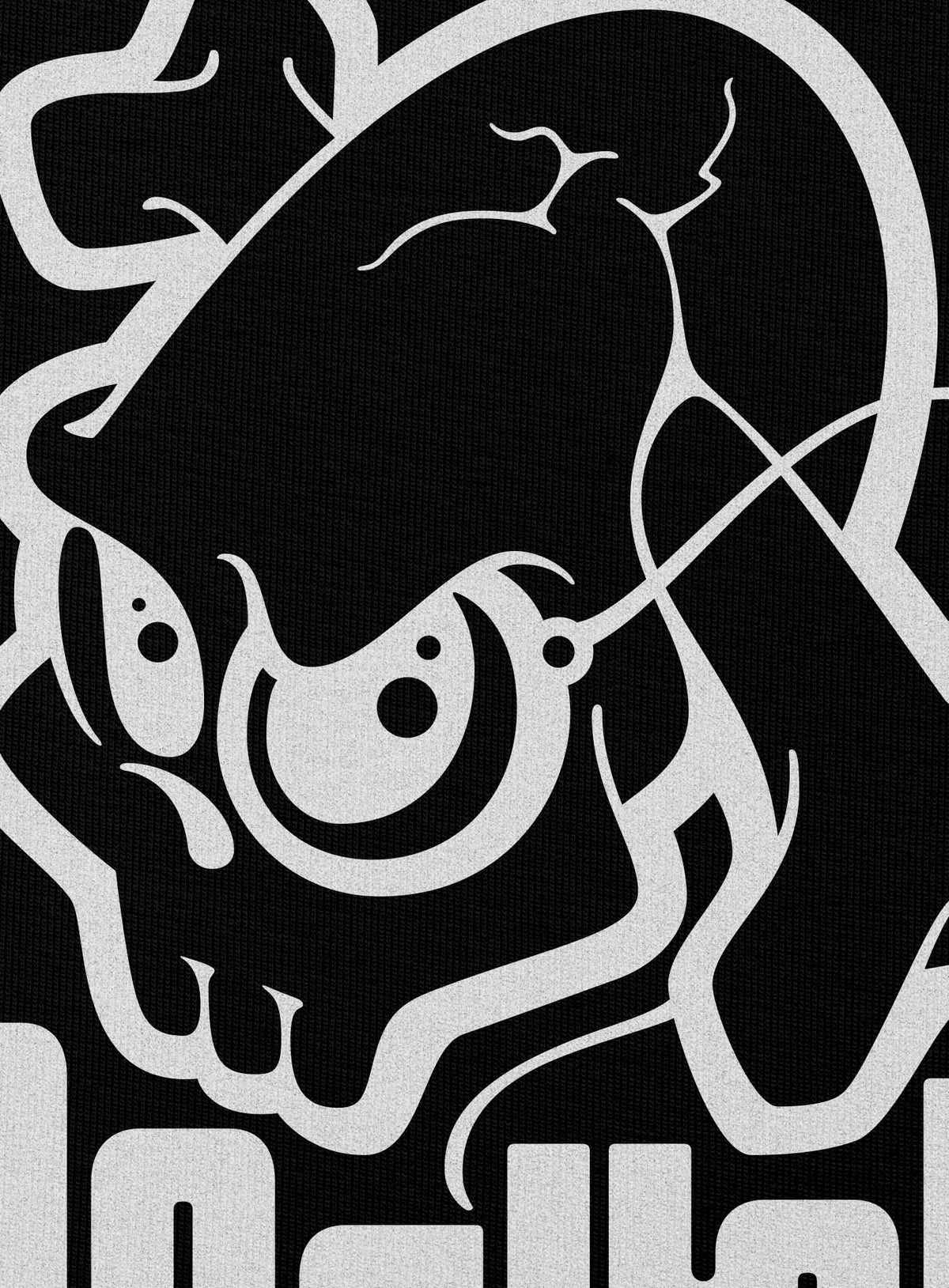 Detail of Black unisex hoodie featuring a white Mr. Shade Moghoul logo by G.M. Meave.