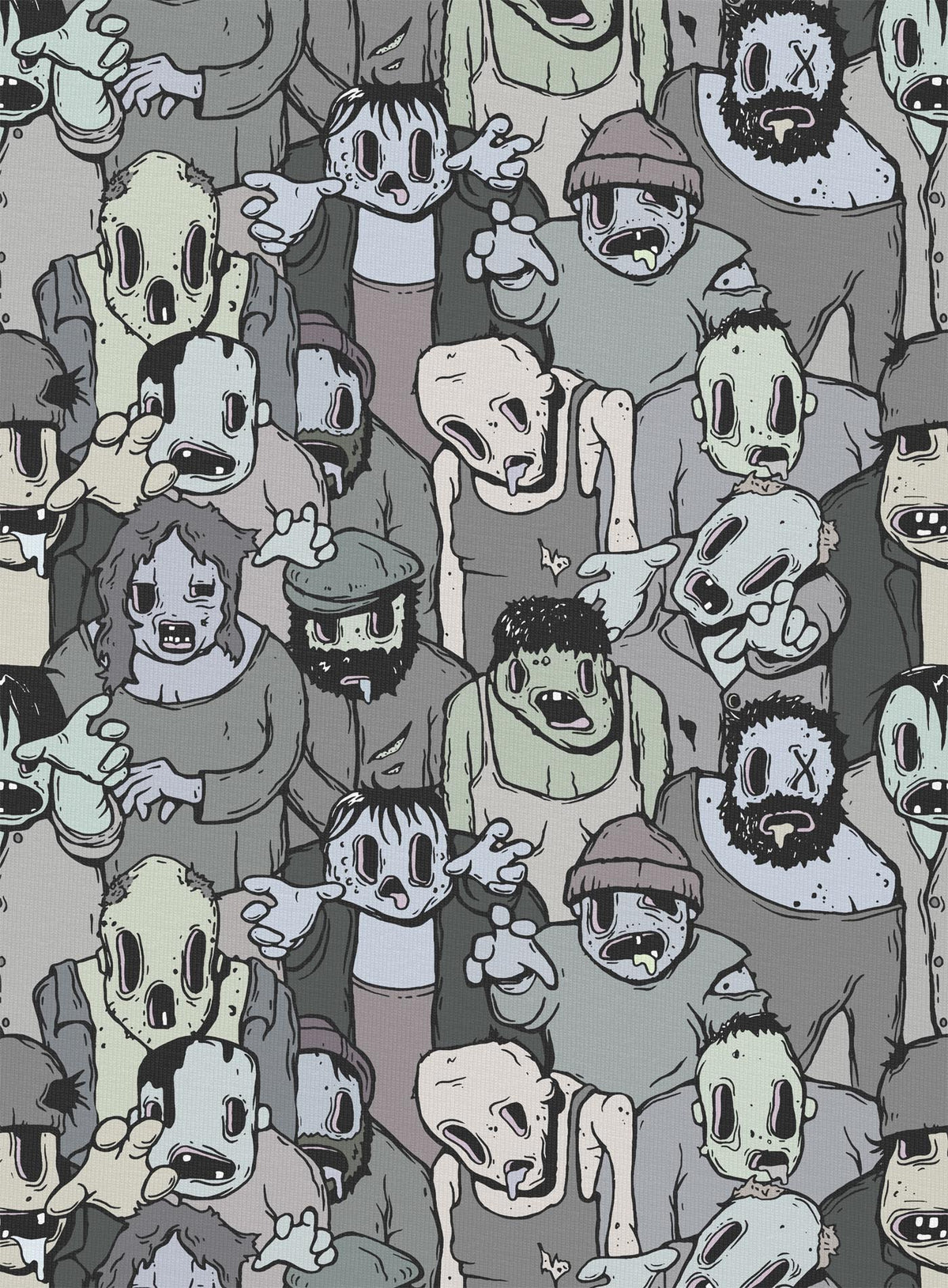 Detail of all over dye sublimation t-shirt featuring retro illustrated zombies by Sasha Sidorovich.