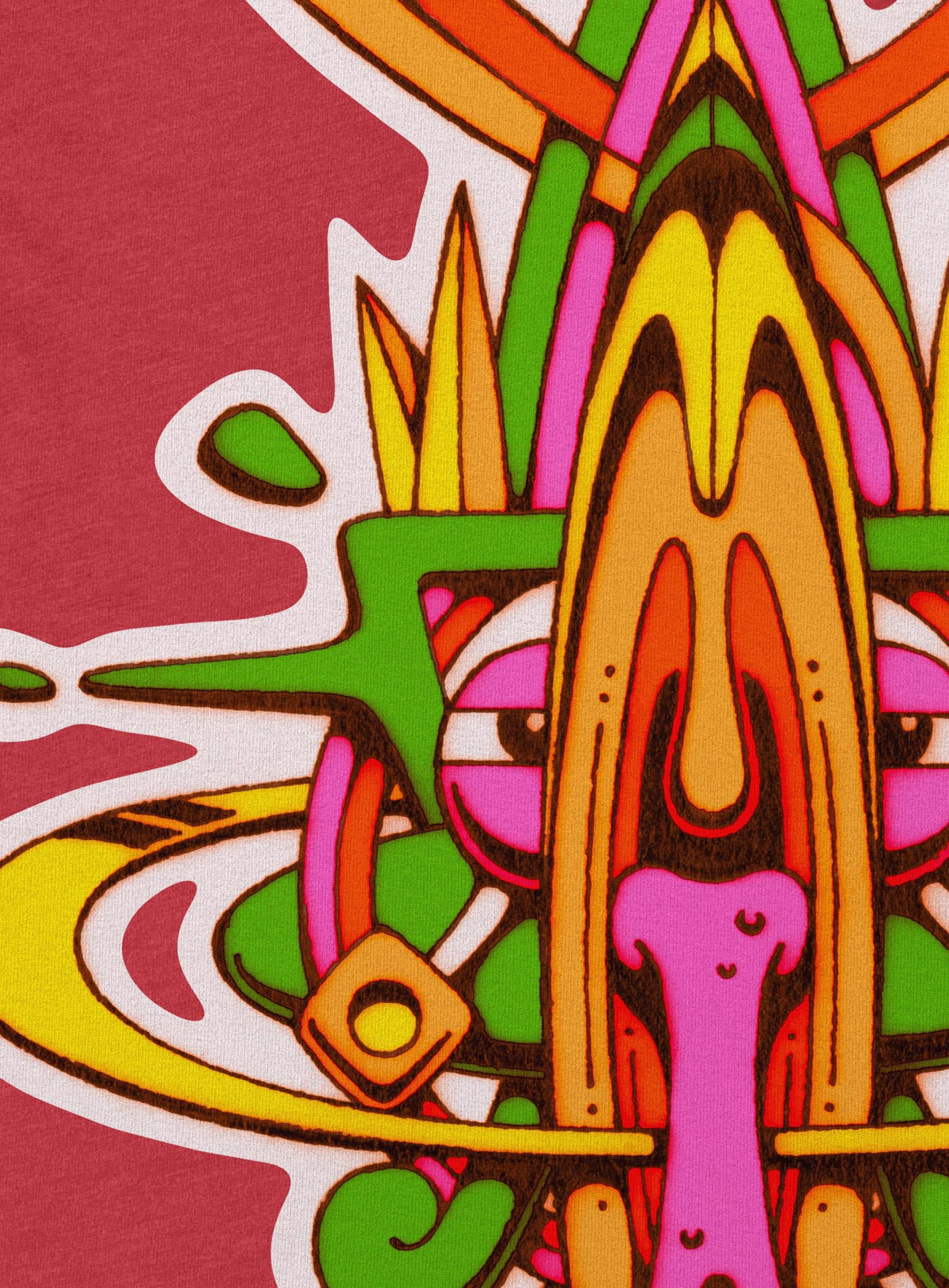 Detail of heather red unisex t-shirt featuring a front print of the Toltec-Aztec hummingbird deity illustrated by G.M. Meave.