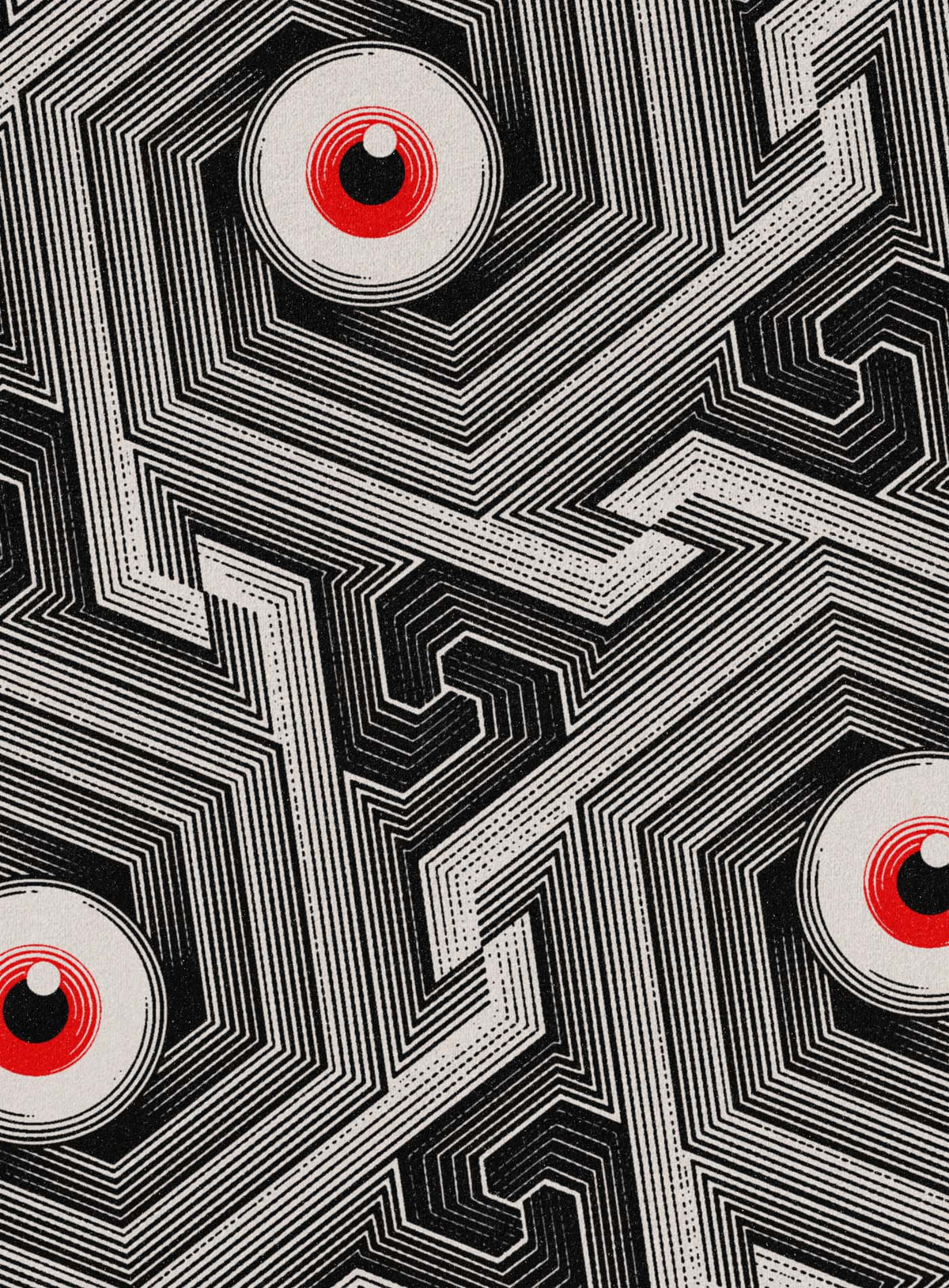 Detail of All over dye sublimation t-shirt featuring a pattern of red zombie eyes inspired by islamic ornamental art by Topo.