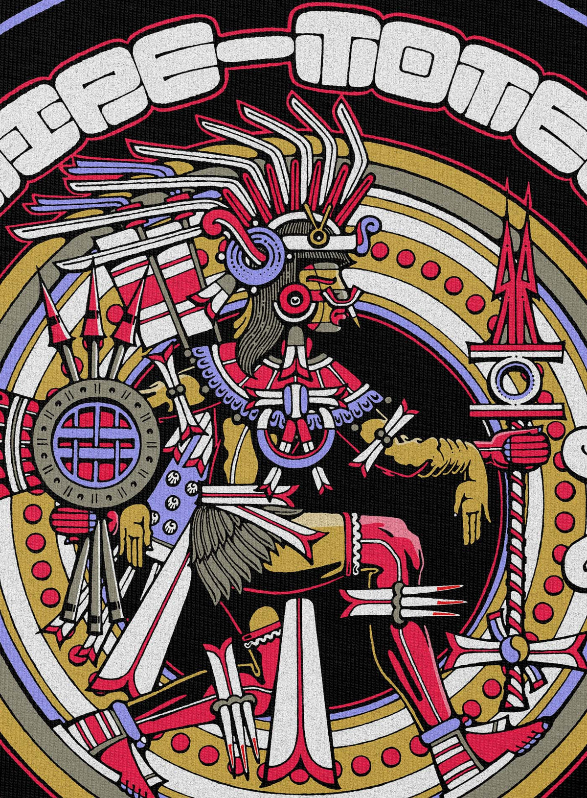 Detail of Black unisex hoodie featuring a front print of the toltec-aztec god Tlatlauhqui-Tezcatlipoca also known as Xipe-Totec. Reinterpretation by Mexican illustrator G.M. Meave.