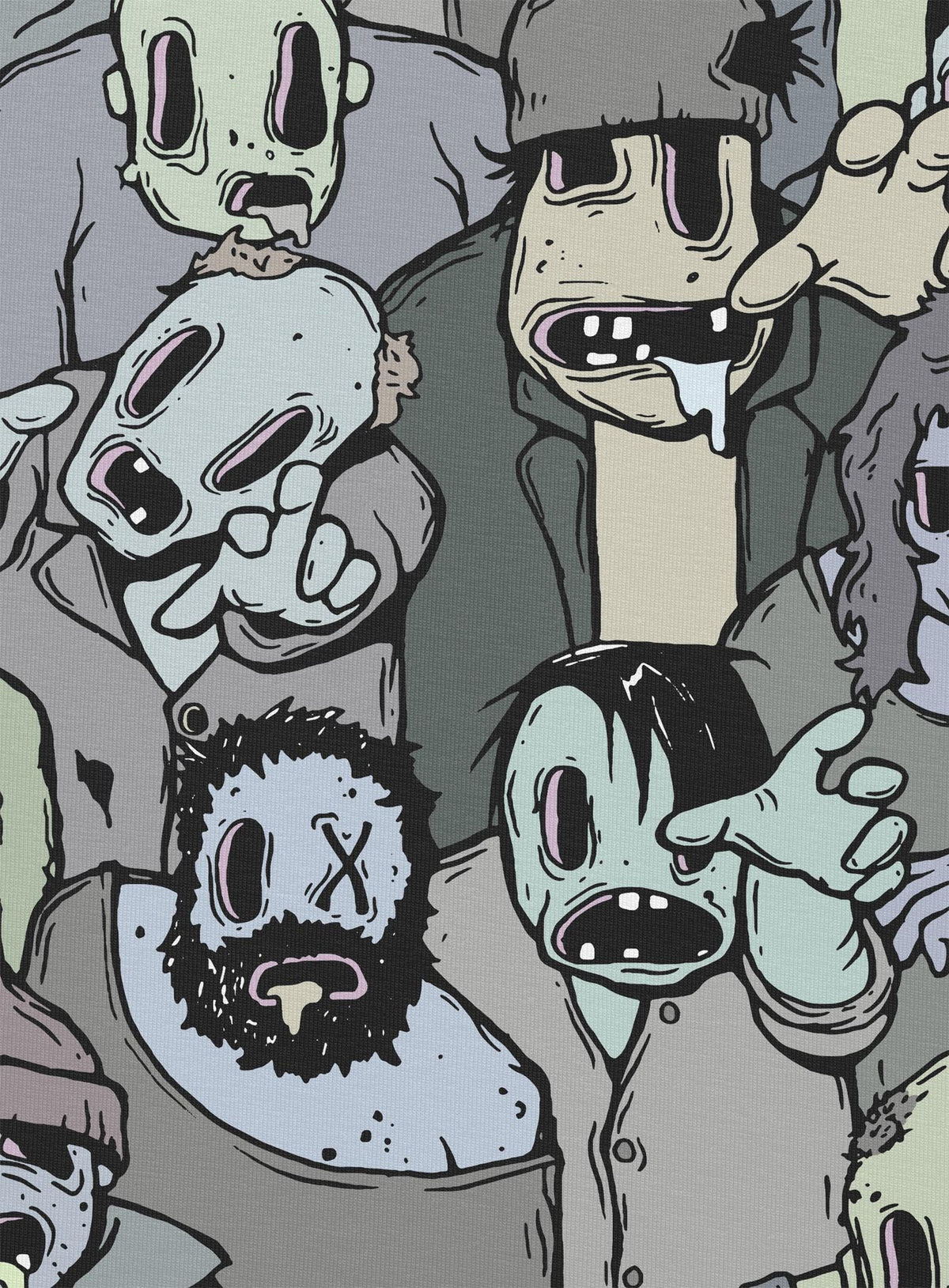 Detail of all over dye sublimation t-shirt featuring retro illustrated zombies by Sasha Sidorovich.