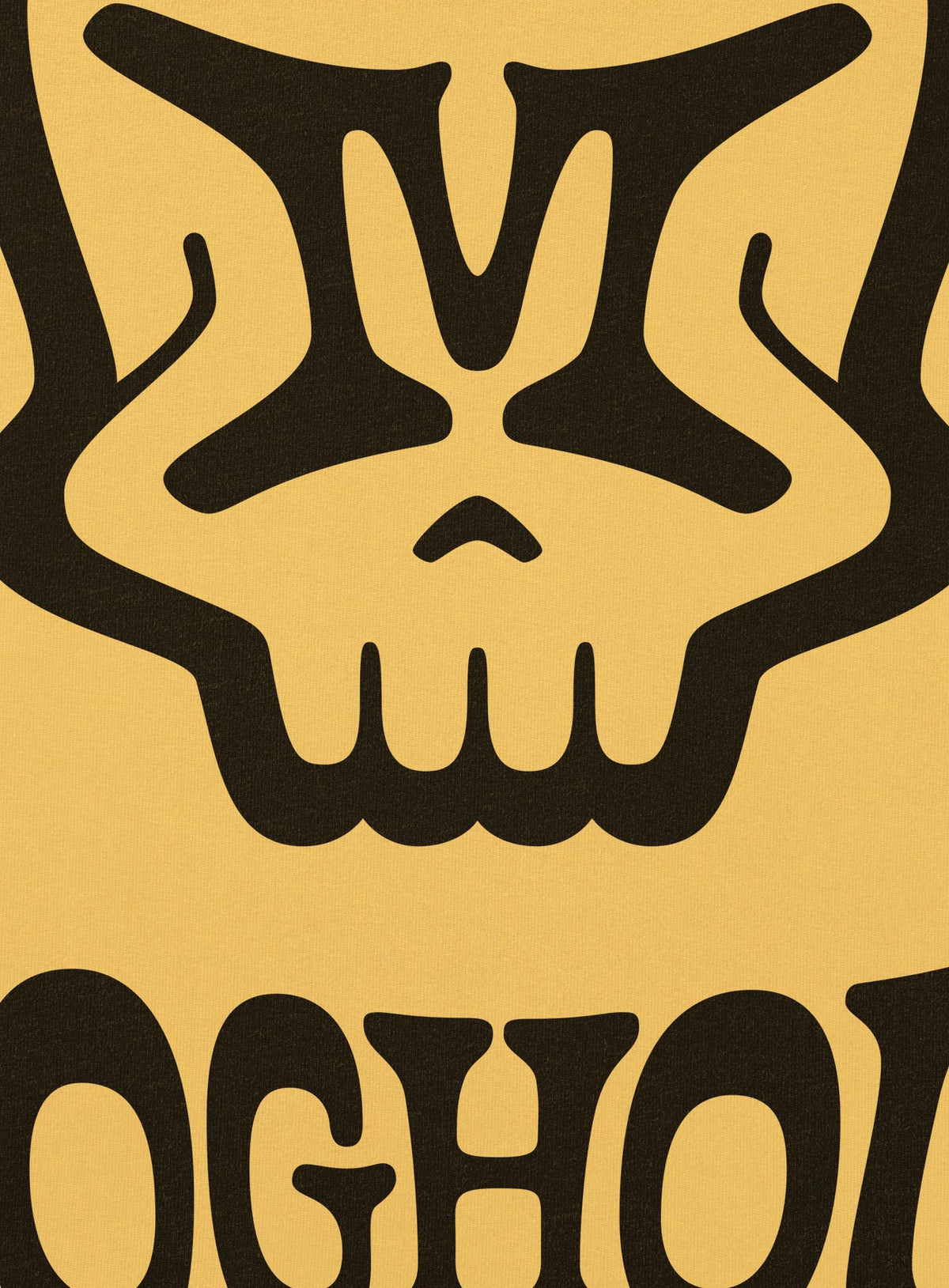 Detail of yellow unisex t-shirt featuring a front print of the Mr. M Moghoul logo by G.M. Meave.