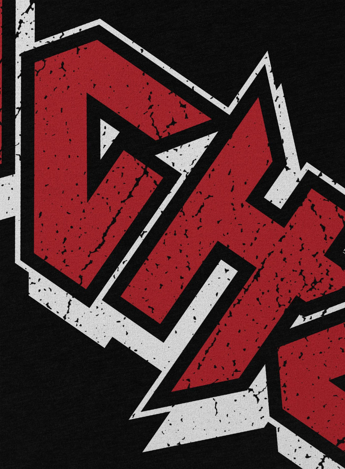 Detail of Heather black unisex t-shirt featuring a front print of the Moghoul logo in vintage 80&#39;s hair-band style.