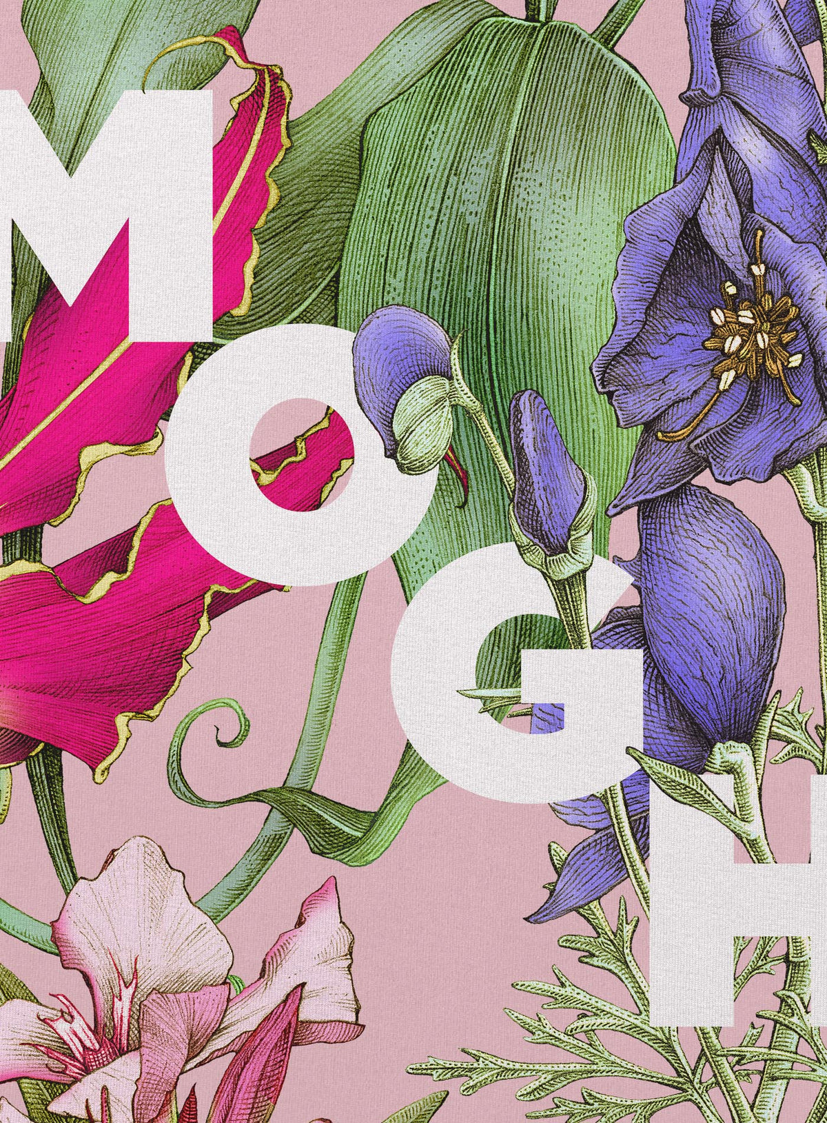 Detail of Pink unisex t-shirt featuring white Moghoul logo surrounded by poisonous flowers such as oleander, fire lily, belladonna and toloache.