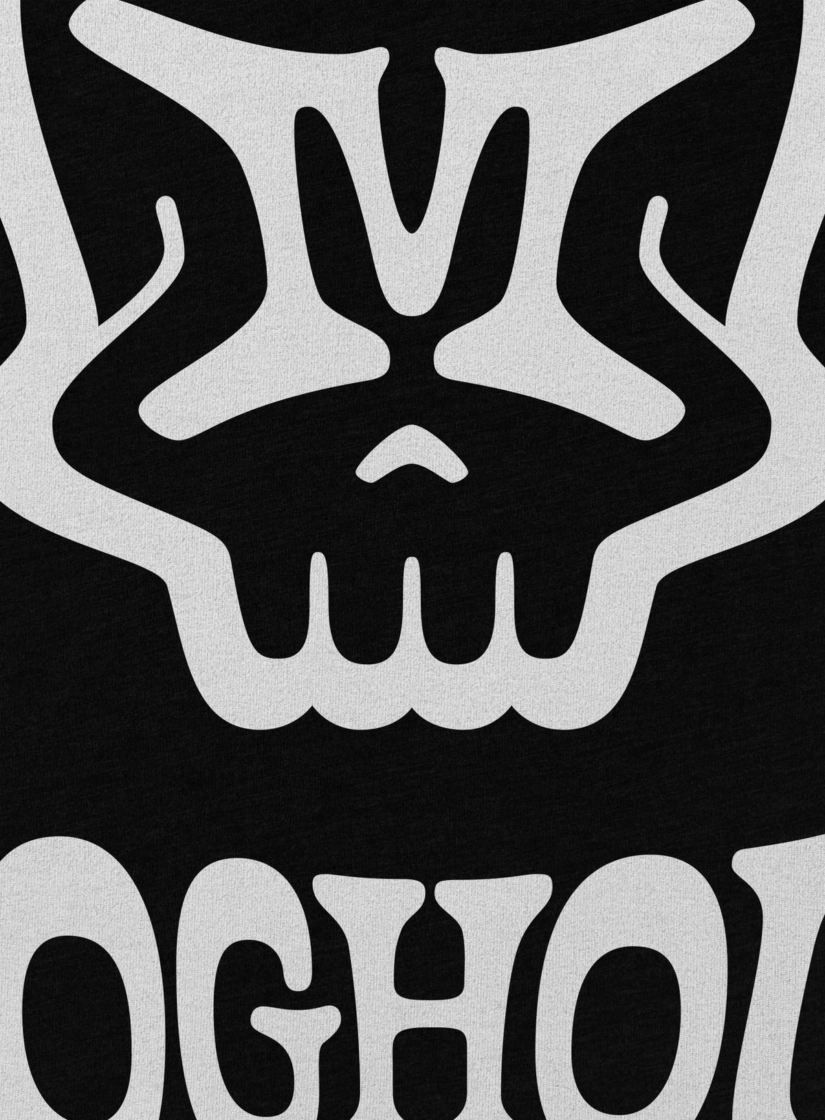 Detail of heather black unisex t-shirt featuring a front print of the Mr. M Moghoul logo by G.M. Meave.
