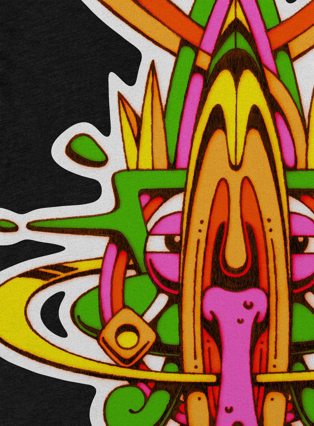 Detail of heather black unisex t-shirt featuring a front print of the Toltec-Aztec hummingbird deity illustrated by G.M. Meave.