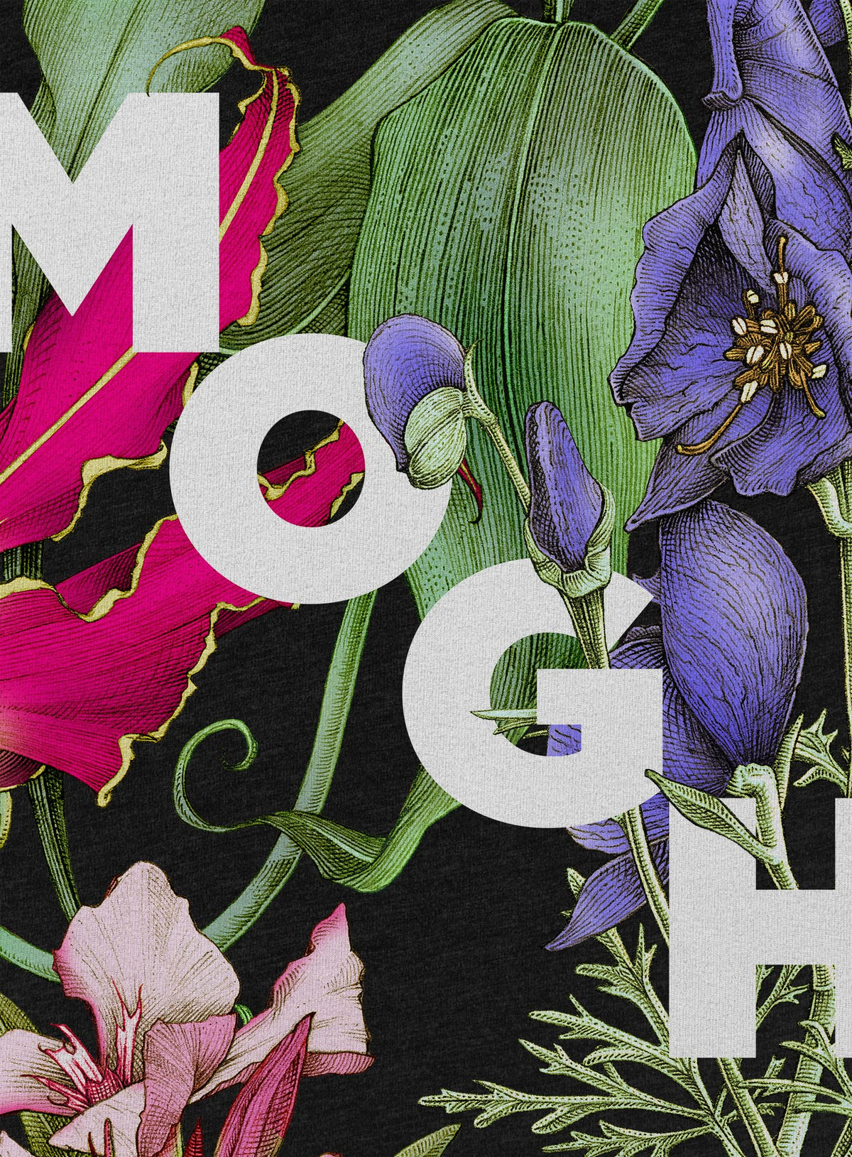 Detail of black unisex t-shirt featuring white Moghoul logo surrounded by poisonous flowers such as oleander, fire lily, belladonna and toloache.