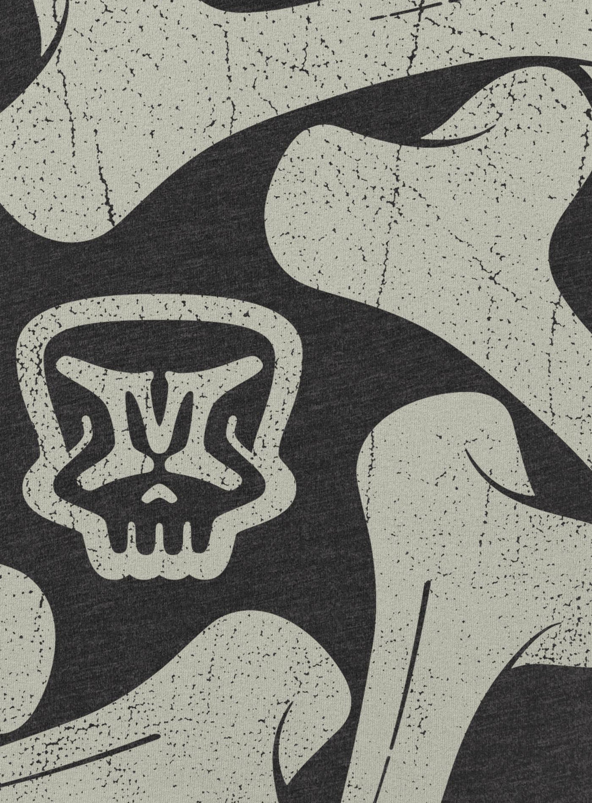 Detail of Heather gray unisex t-shirt featuring a front print of the Moghoul symbol surrounded by a star of bones.