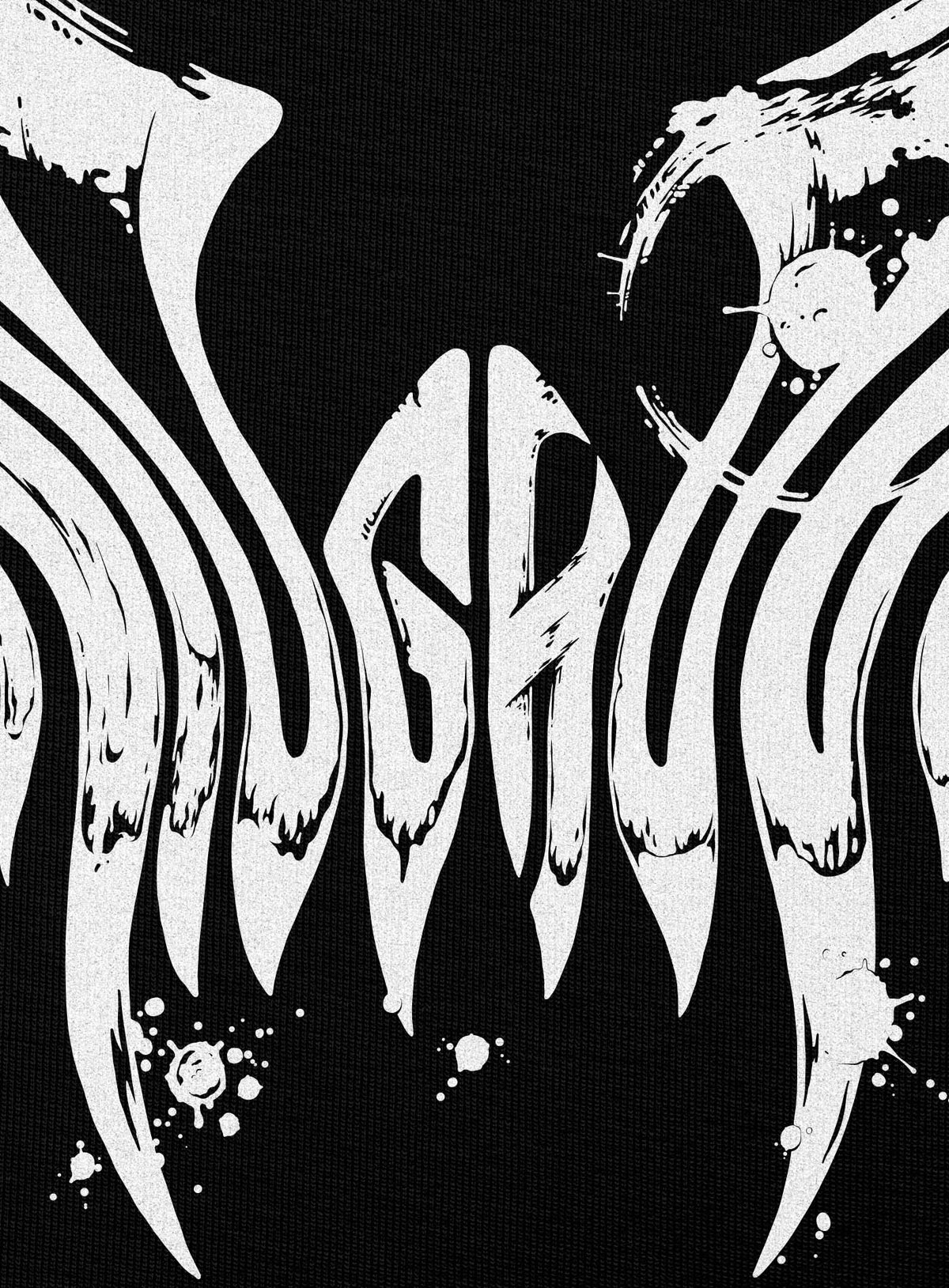 Detail of Black unisex hoodie featuring a front print of the black Mr. Splatter Moghoul logo by Sasha Sidorovich.