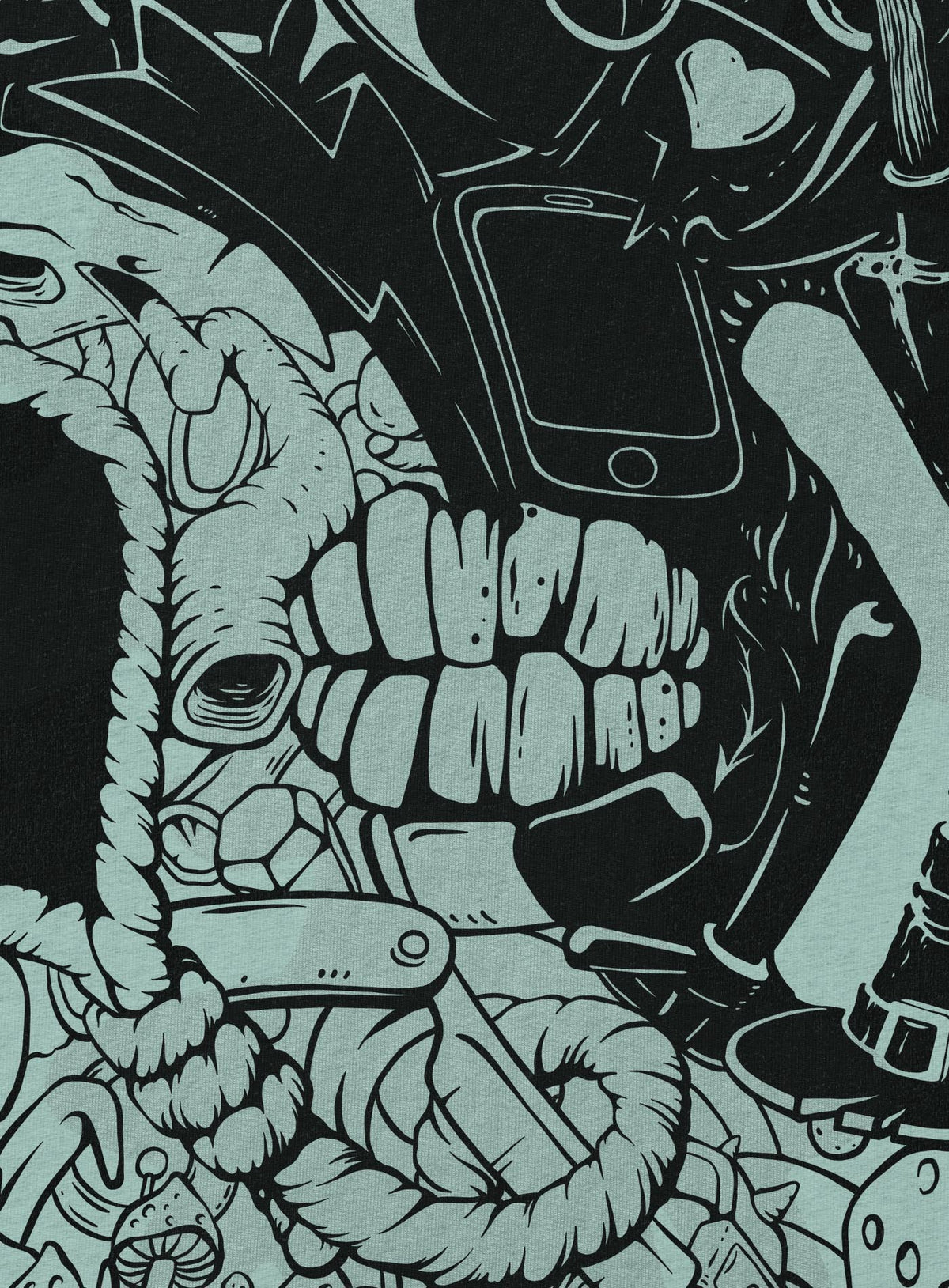 Detail of heather mint unisex t-shirt featuring a front print of a reinterpretation of the yin yang by Belarusian artist Sasha Sidorovich.