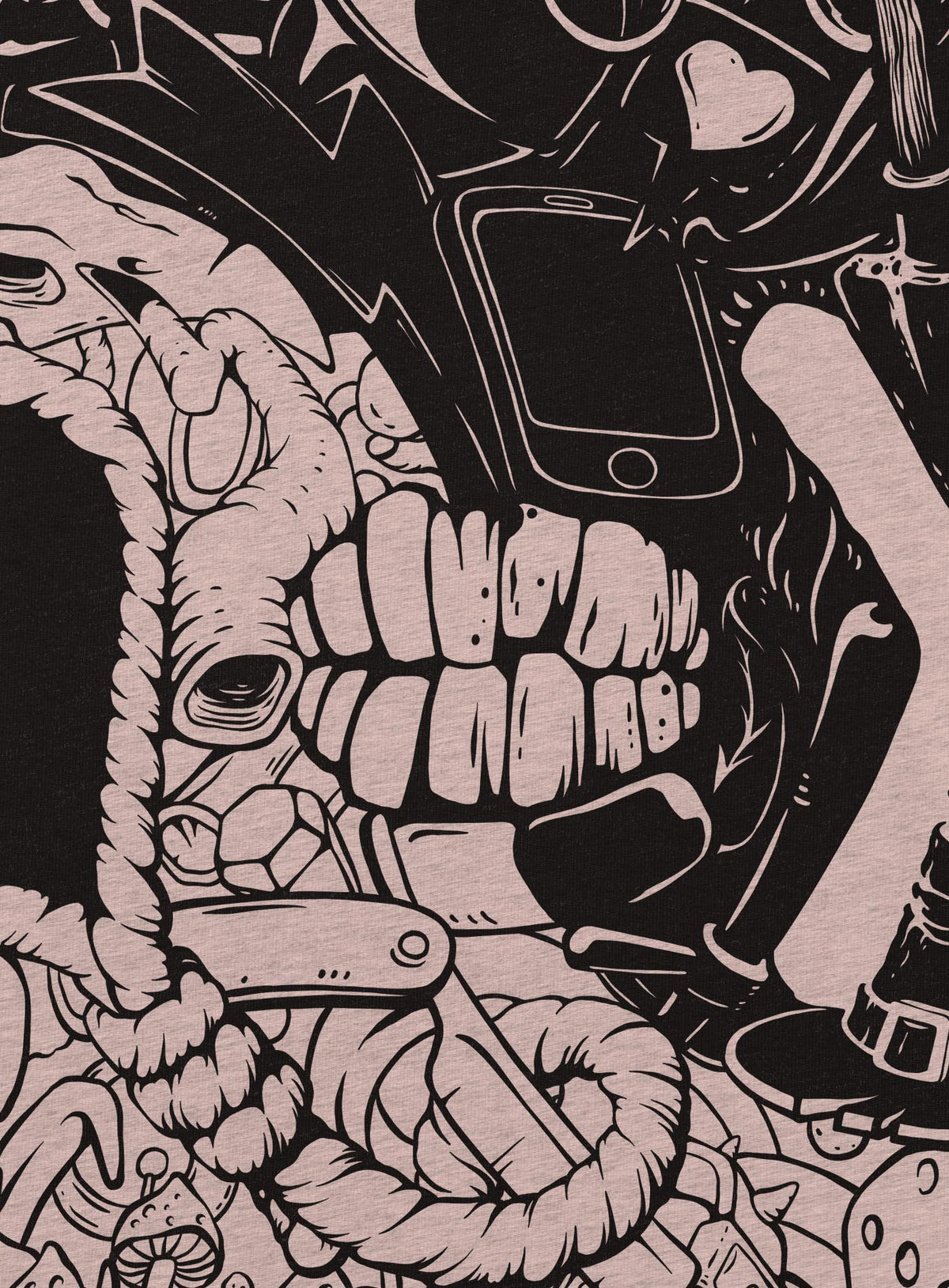 Detail of Heather peach unisex t-shirt featuring a front print of a reinterpretation of the yin yang by Belarusian artist Sasha Sidorovich.