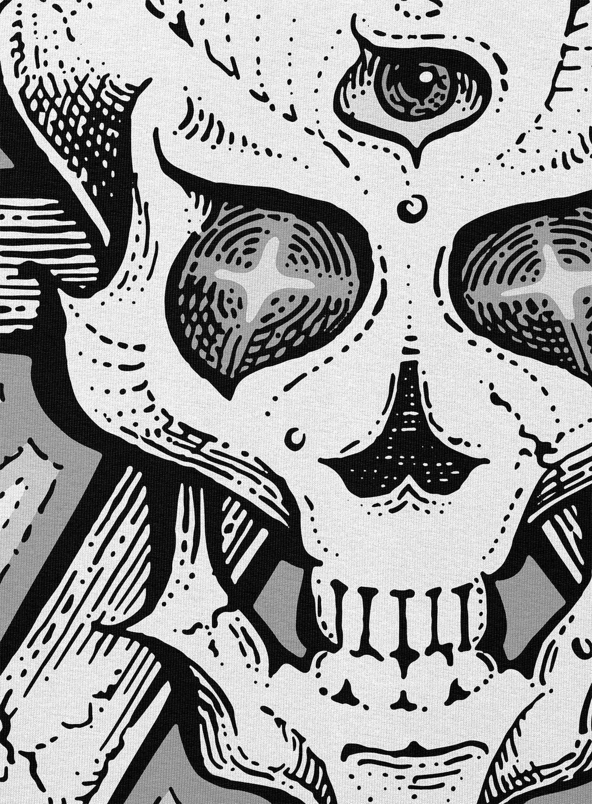 Detail of All over dye sublimation t-shirt featuring a front print of a three-bone alien Jolly Roger pirate illustration by G.M. Meave.