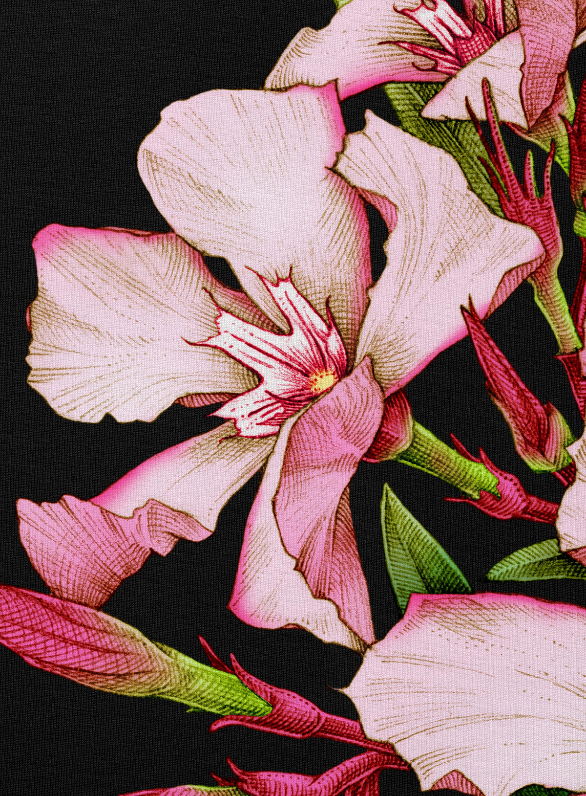 Detail of All over dye sublimation tank top featuring the poisonous flower Oleander. Illustrated by G.M. Meave.