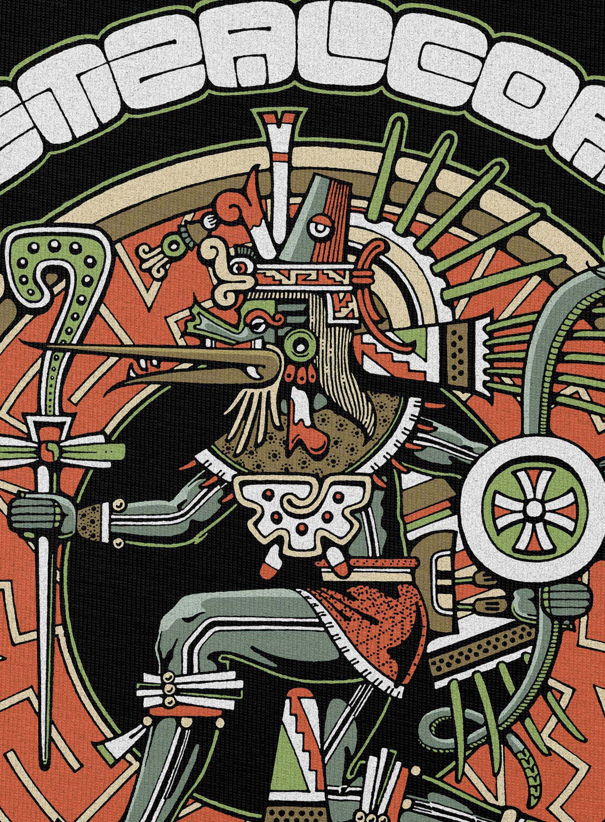 Detail of black unisex hoodie featuring a front print of the toltec-aztec god Tezcatlipoca also known as Quetzalcoatl. Reinterpretation by Mexican illustrator G.M. Meave.