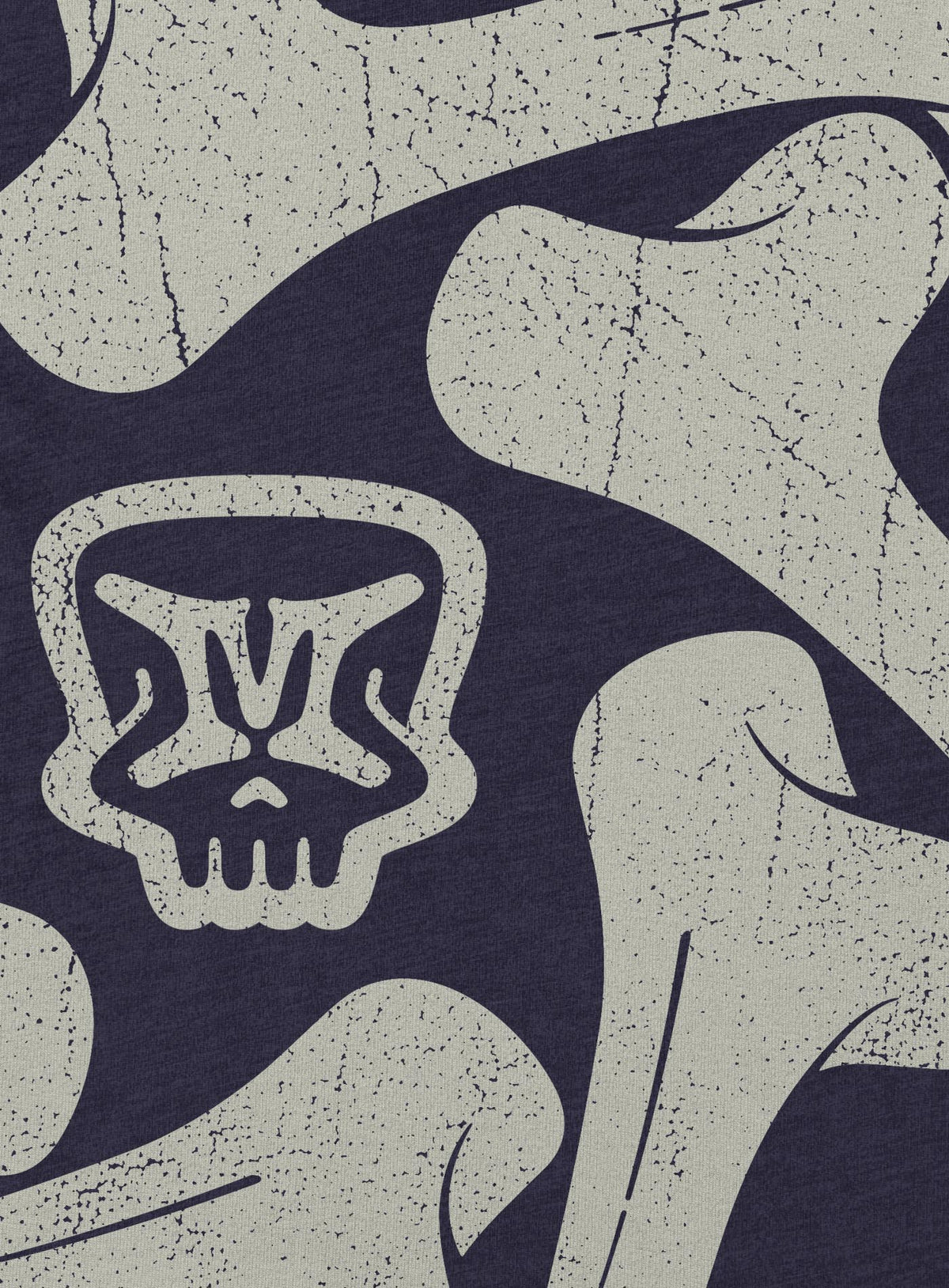 Detail of Heather blue unisex t-shirt featuring a front print of the Moghoul symbol surrounded by a star of bones.