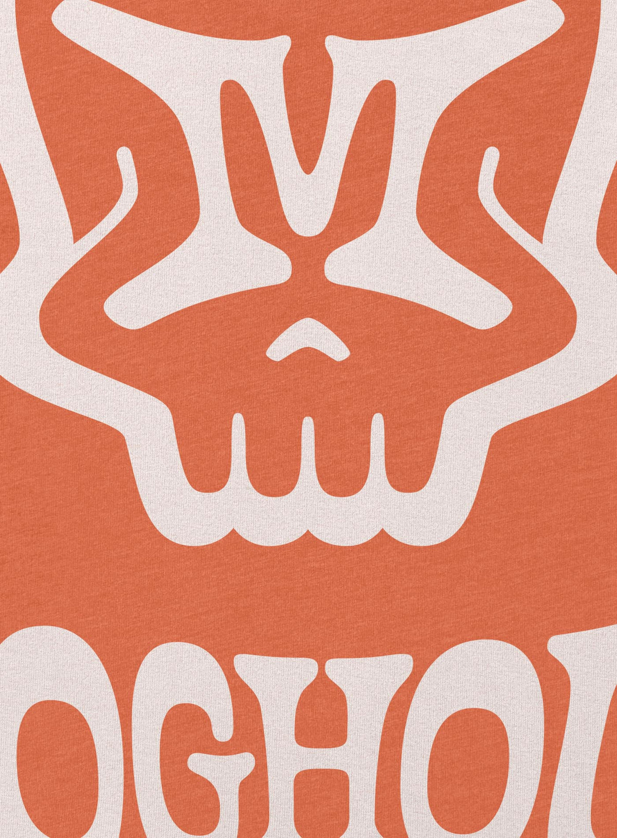 Detail of Heather orange unisex t-shirt featuring a front print of the Mr. M Moghoul logo by G.M. Meave.