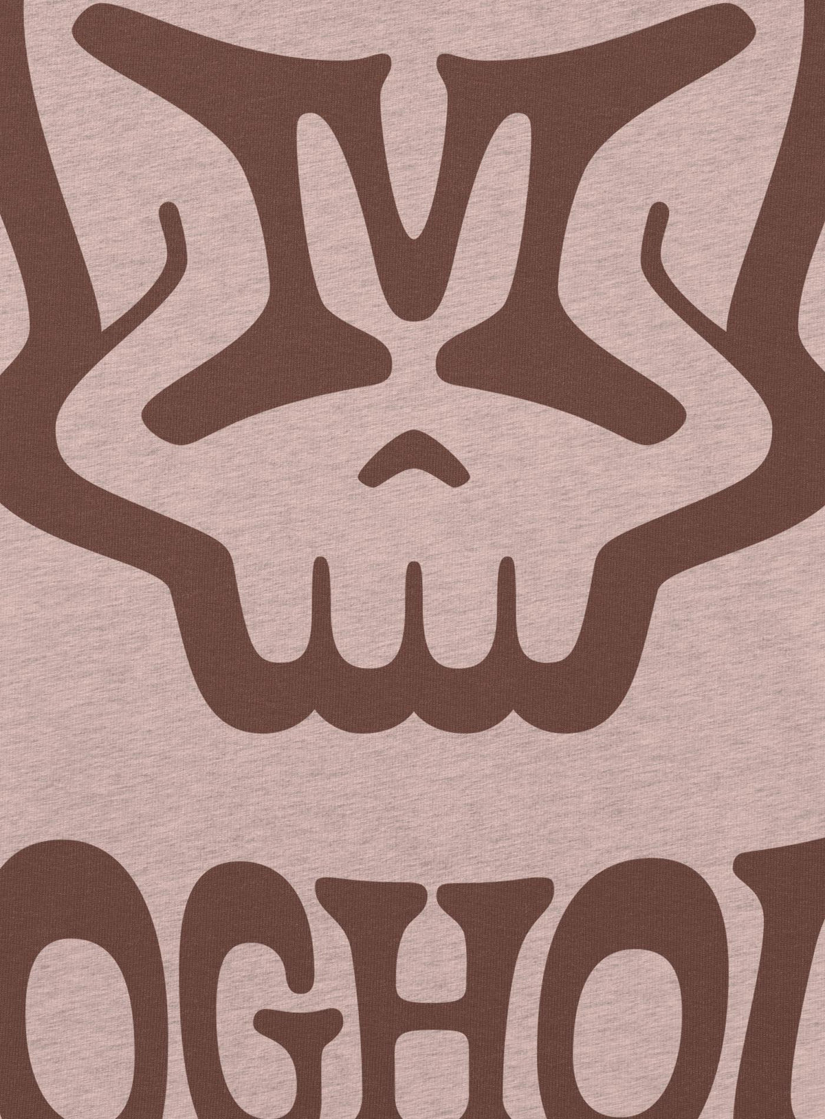 Detail of pink unisex t-shirt featuring a front print of the Mr. M Moghoul logo by G.M. Meave.