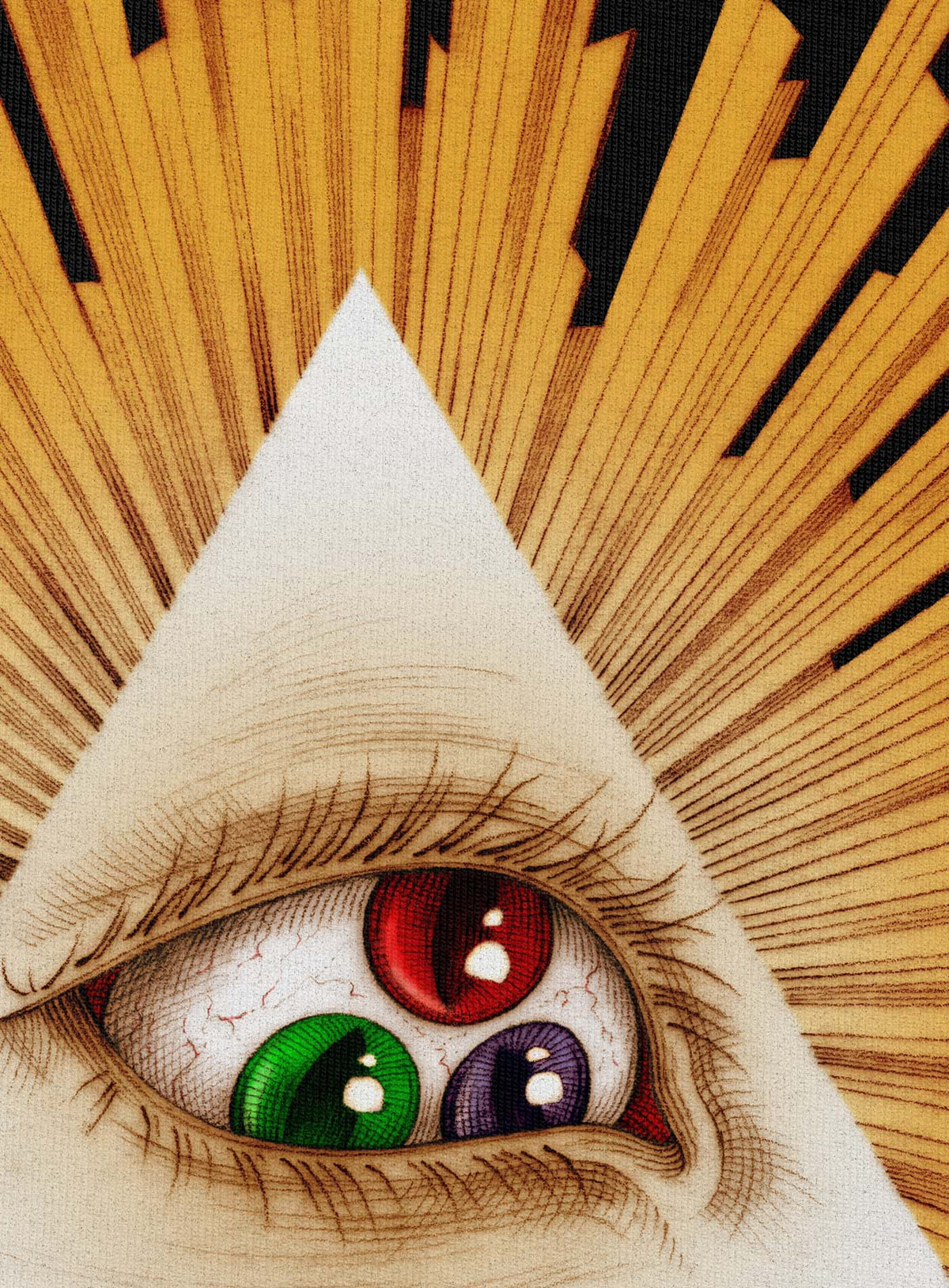 Detail of black unisex hoodie featuring a back print of a reinterpretation of the Horus pyramid and Moghoul ambigram logo by G.M. Meave.