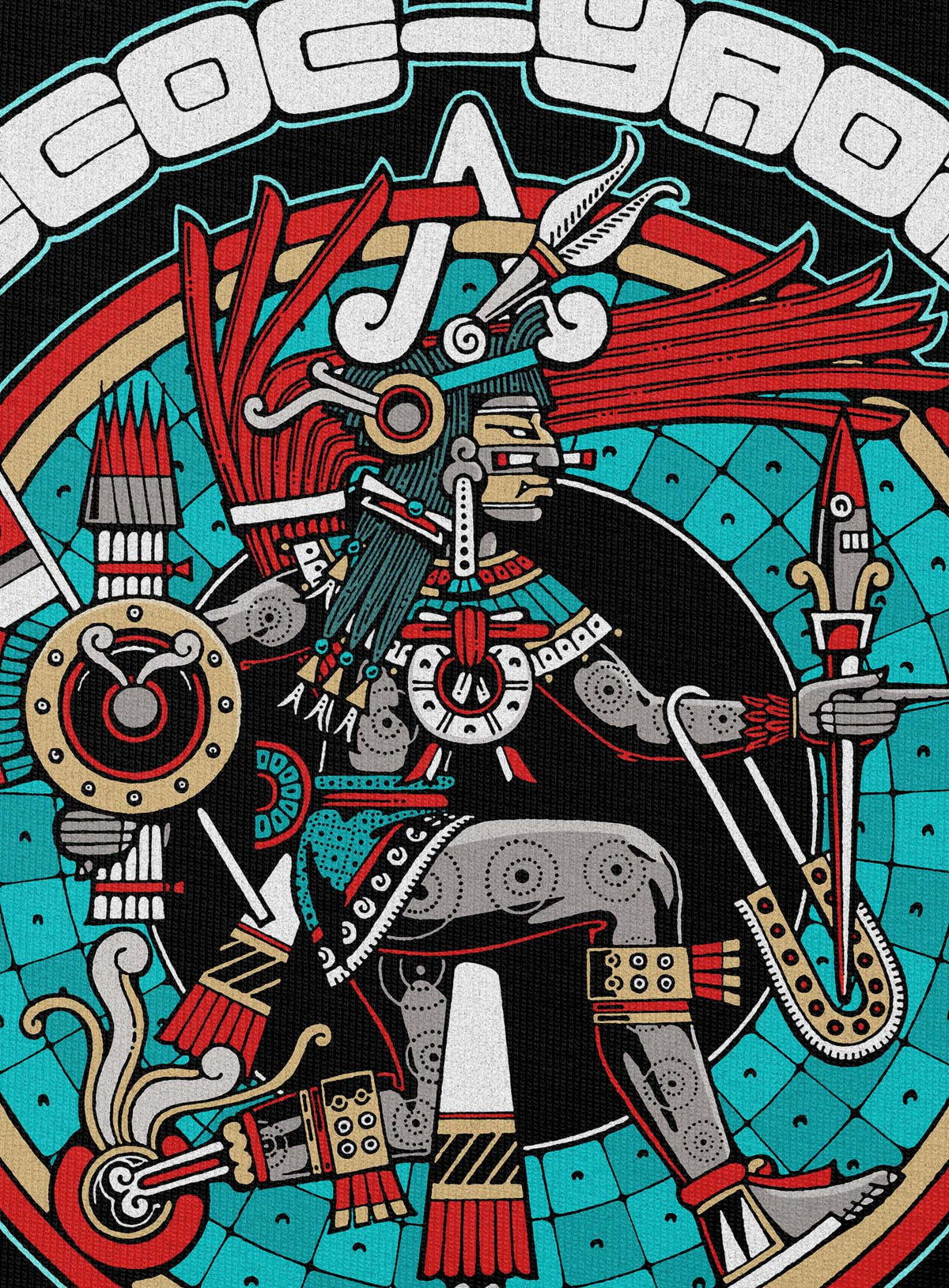 Detail of black unisex hoodie featuring a front print of the toltec-aztec god Yayauhqui-Tezcatlipoca also known as Necoc-yaotl. Reinterpretation by Mexican illustrator G.M. Meave.