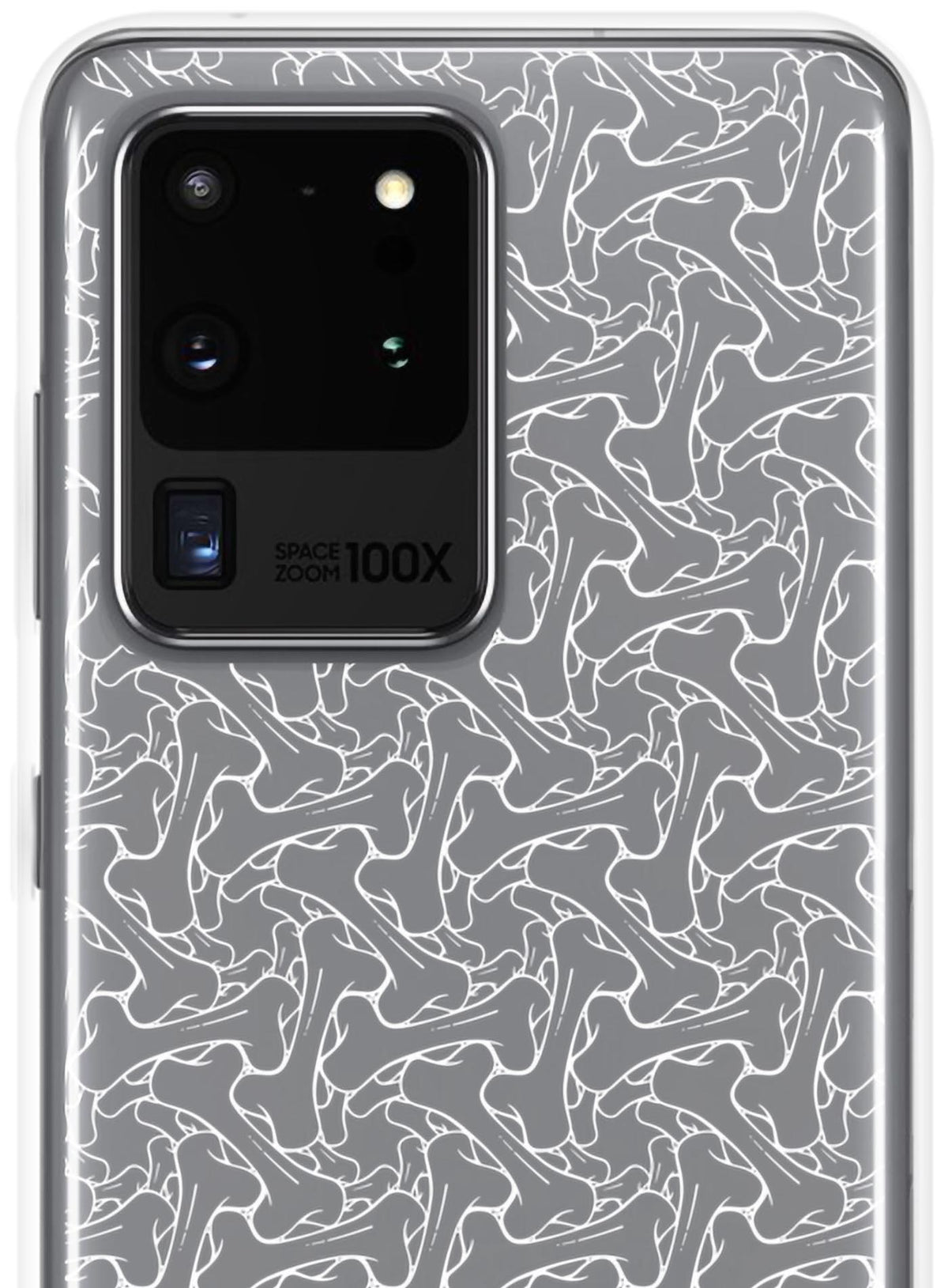 Samsung case featuring a patter of bones based on Islamic ornamental art in white color.