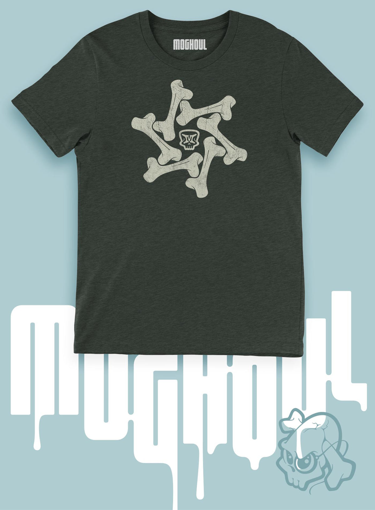 Heather green unisex t-shirt featuring a front print of the Moghoul symbol surrounded by a star of bones.