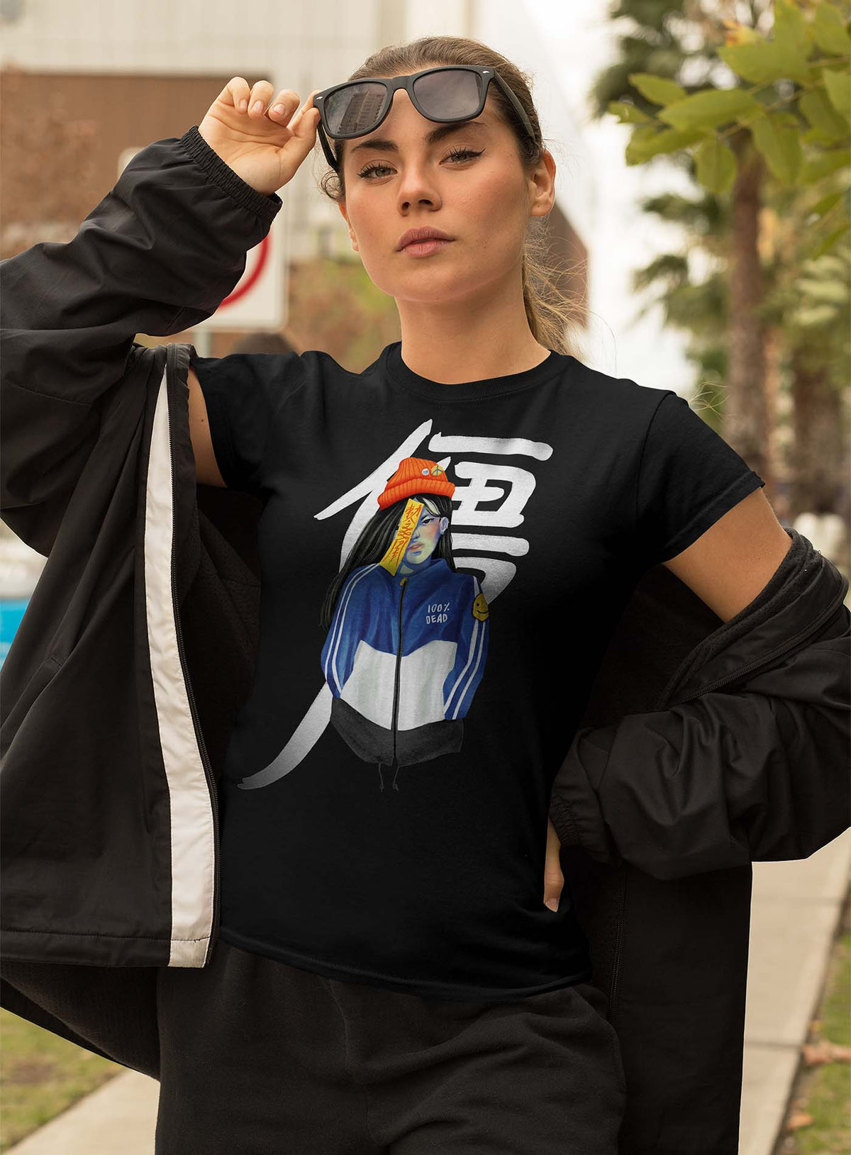 Woman modeling a Heather black unisex t-shirt featuring a front print of a jiangshi Chinese zombie in urban outfit illustrated by Aiken Lao.