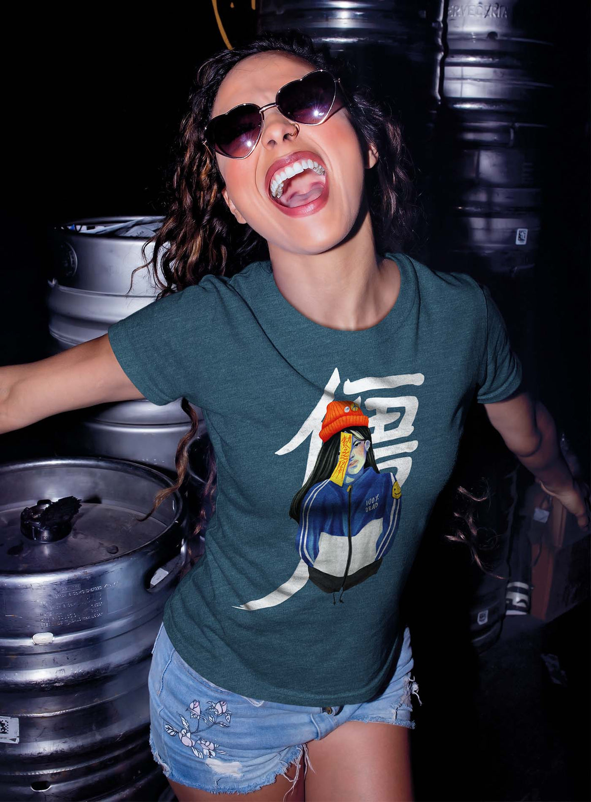 Woman modeling a Heather blue unisex t-shirt featuring a front print of a jiangshi Chinese zombie in urban outfit illustrated by Aiken Lao.