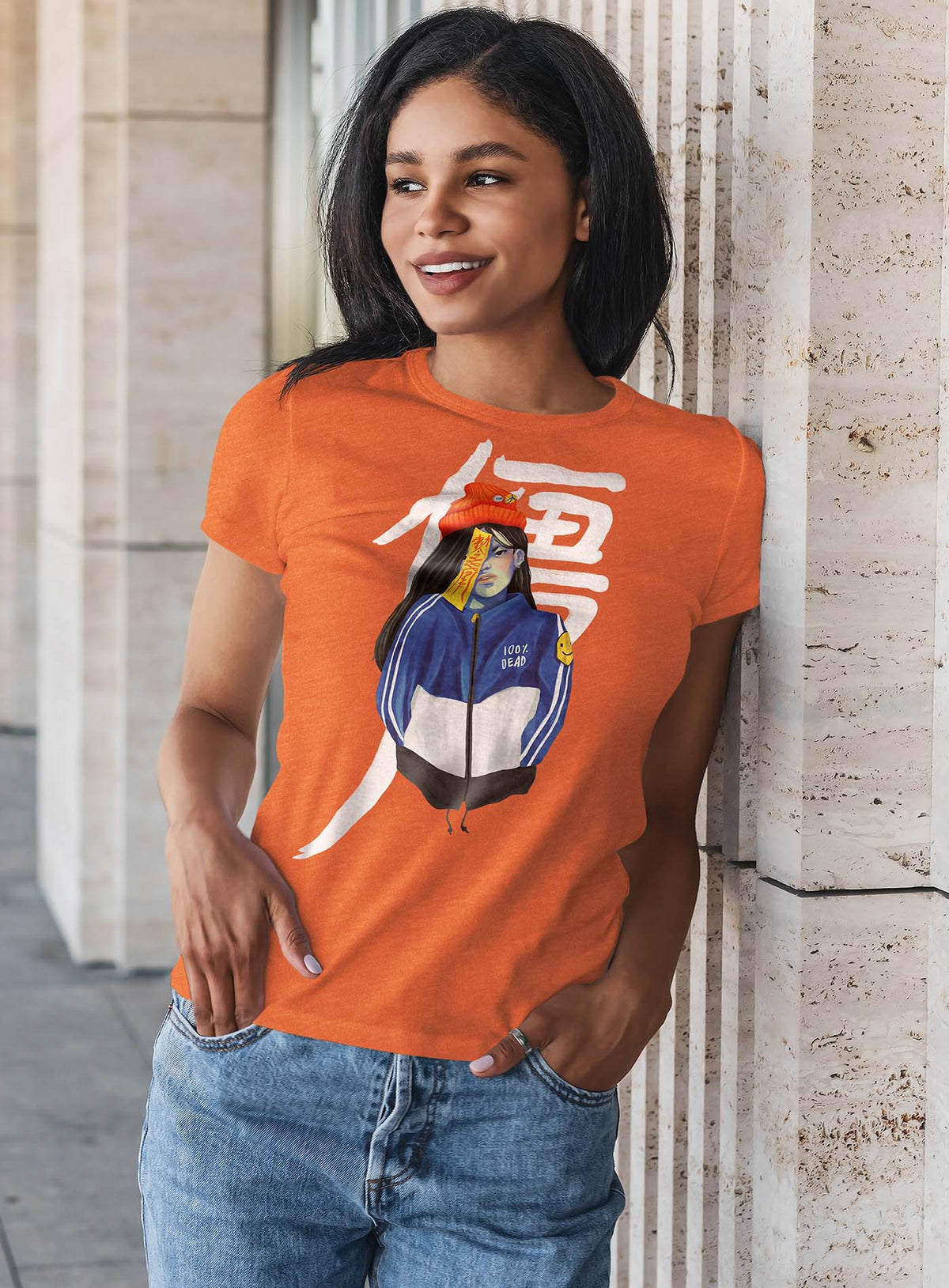 Woman modeling a Heather orange unisex t-shirt featuring a front print of a jiangshi Chinese zombie in urban outfit illustrated by Aiken Lao.