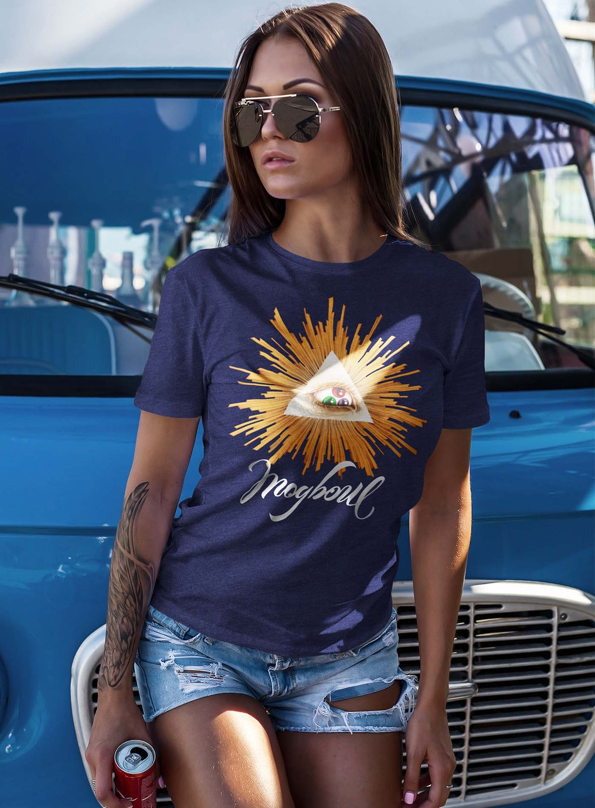 Female modeling a Heather navy blue unisex t-shirt featuring a front print of a reinterpretation of the Horus pyramid and Moghoul ambigram logo by G.M. Meave.