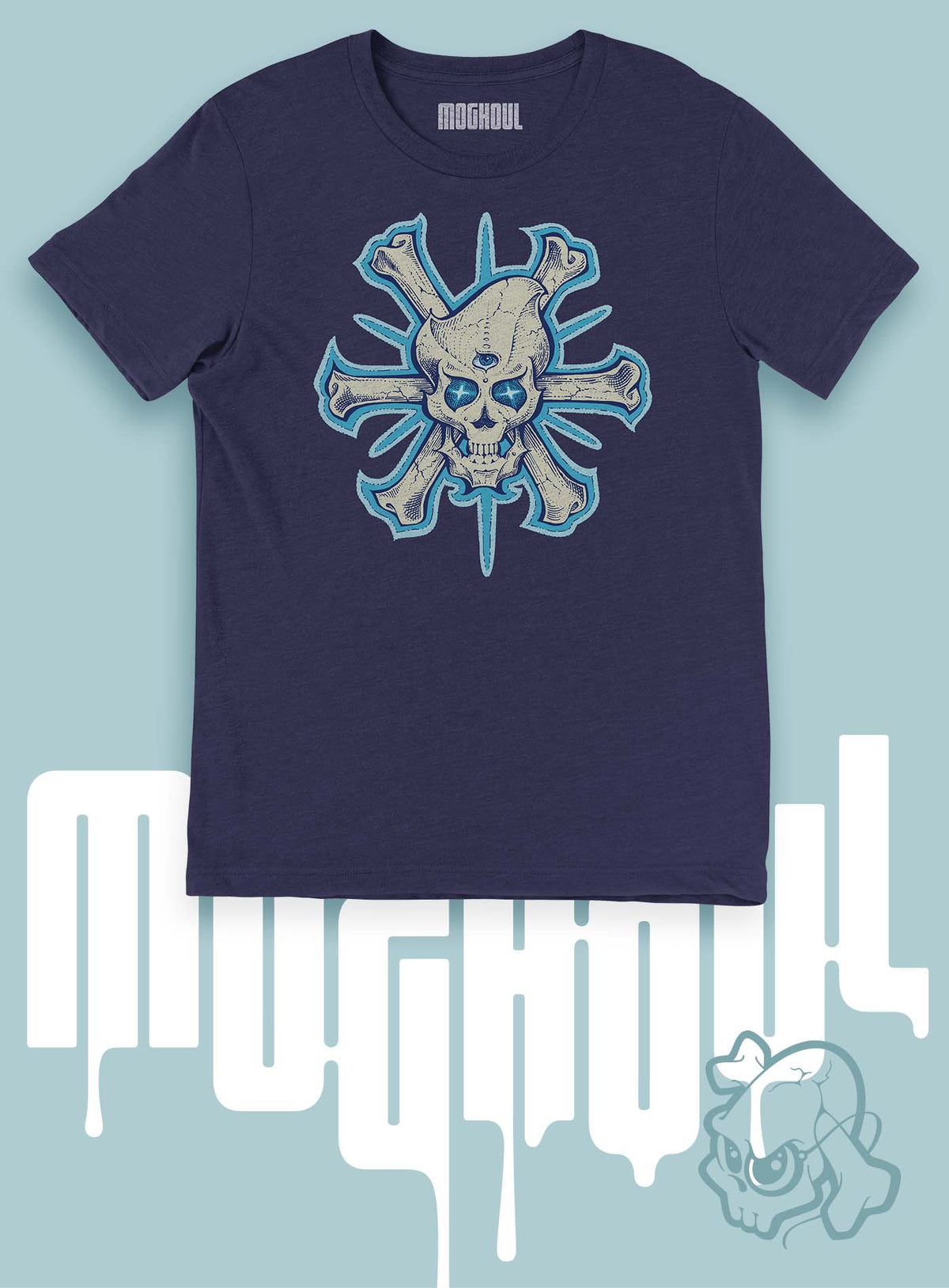 Heather blue unisex t-shirt featuring a front print of a three-bone alien Jolly Roger pirate illustration by G.M. Meave.