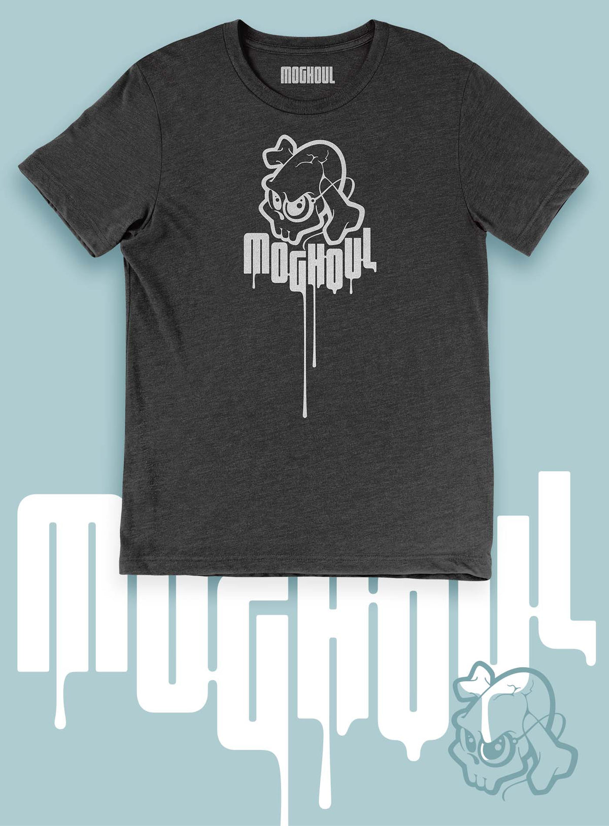 Heather grey unisex t-shirt featuring a yellow Mr. Shade Moghoul logo by G.M. Meave.