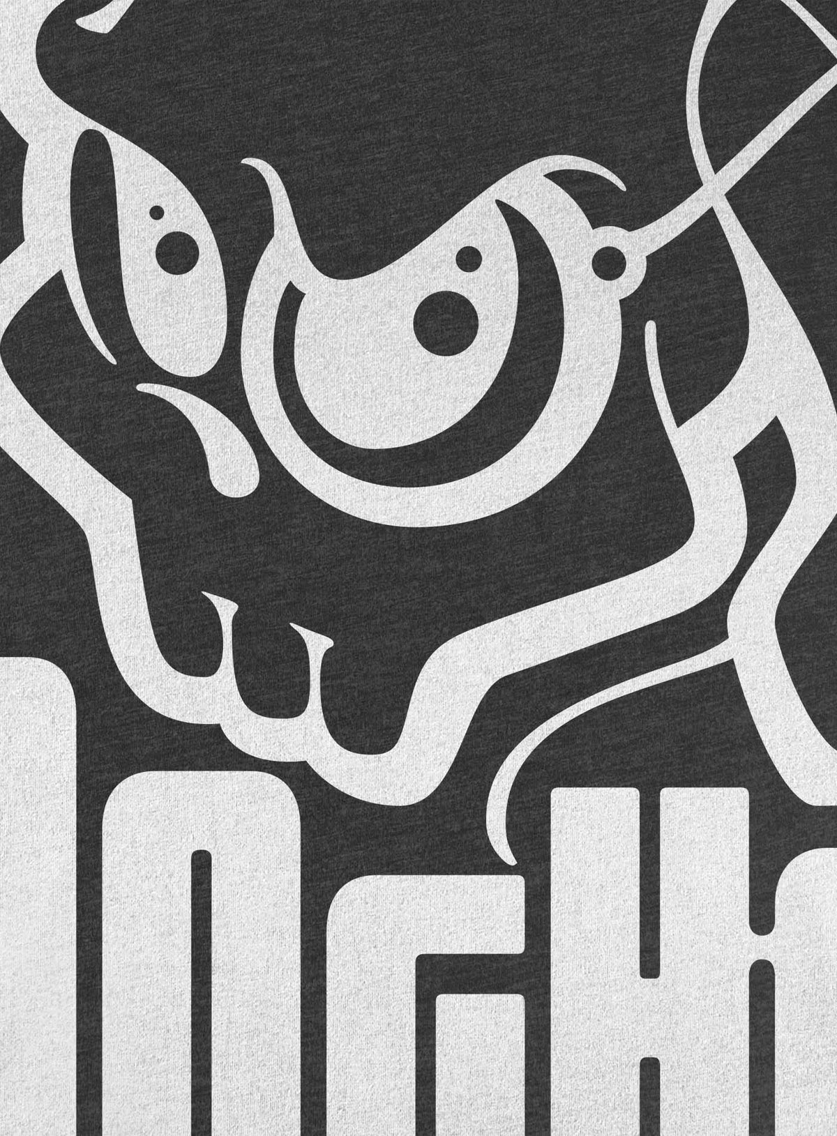 Detail of Heather grey unisex t-shirt featuring a yellow Mr. Shade Moghoul logo by G.M. Meave.