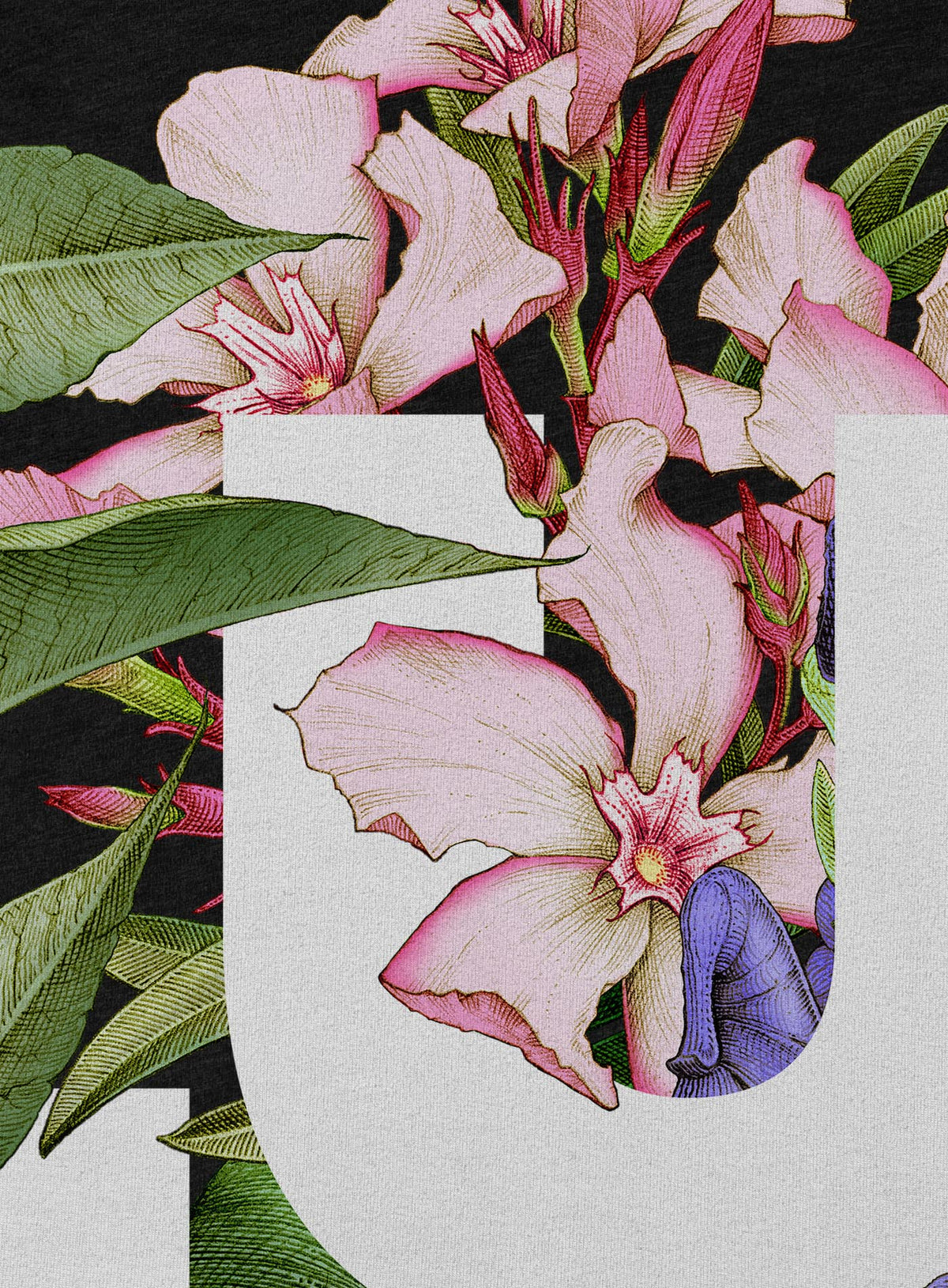 Detail of Heather black unisex t-shirt featuring the word LUST surrounded by poisonous flowers such as oleander, fire lily, belladonna and toloache.