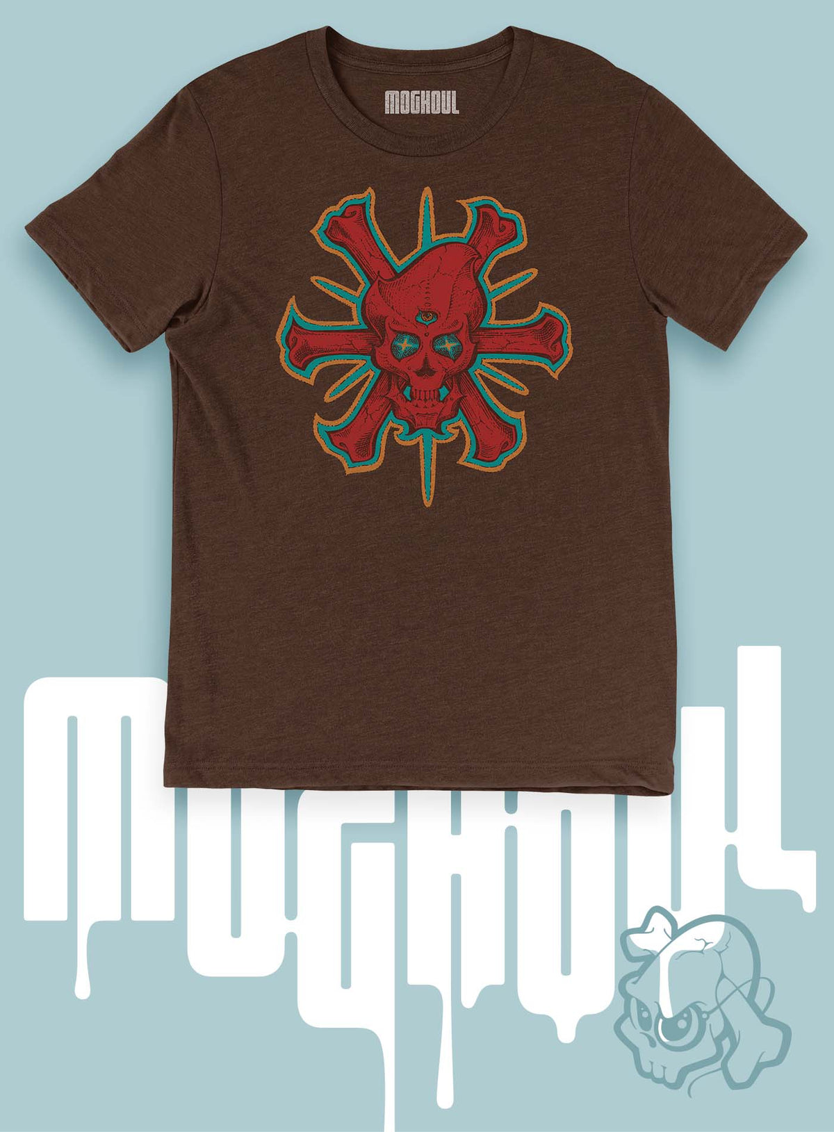 Heather brown unisex t-shirt featuring a front print of a three-bone alien Jolly Roger pirate illustration by G.M. Meave.