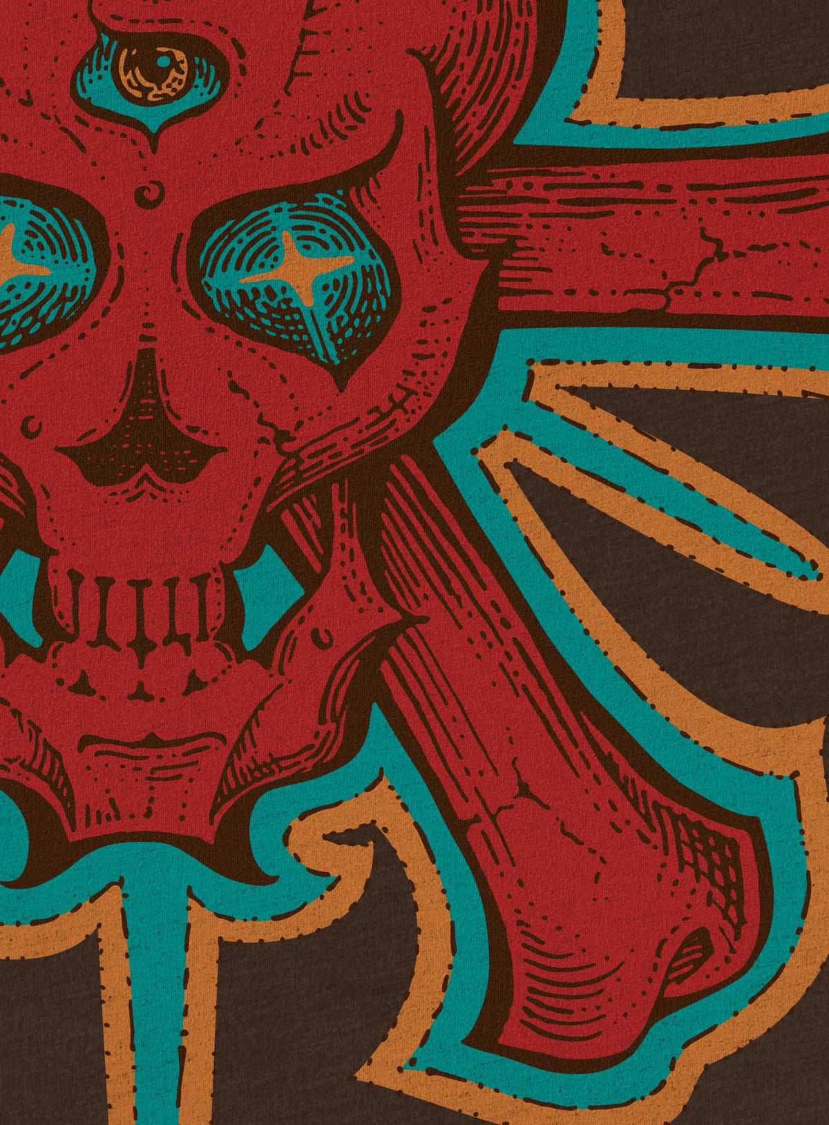 Detail of Heather brown unisex t-shirt featuring a front print of a three-bone alien Jolly Roger pirate illustration by G.M. Meave.